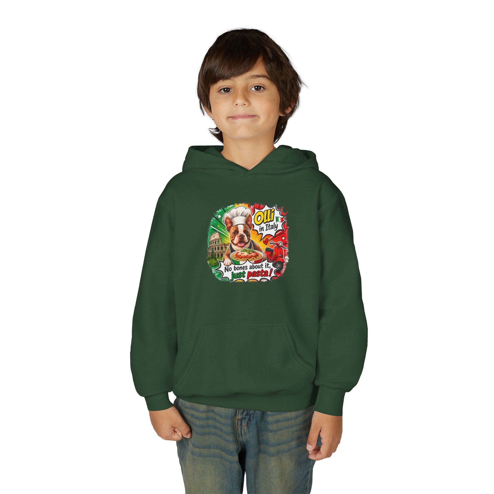 Youth Hoodie — "Olli in Italy" Boston Terrier Sweatshirt