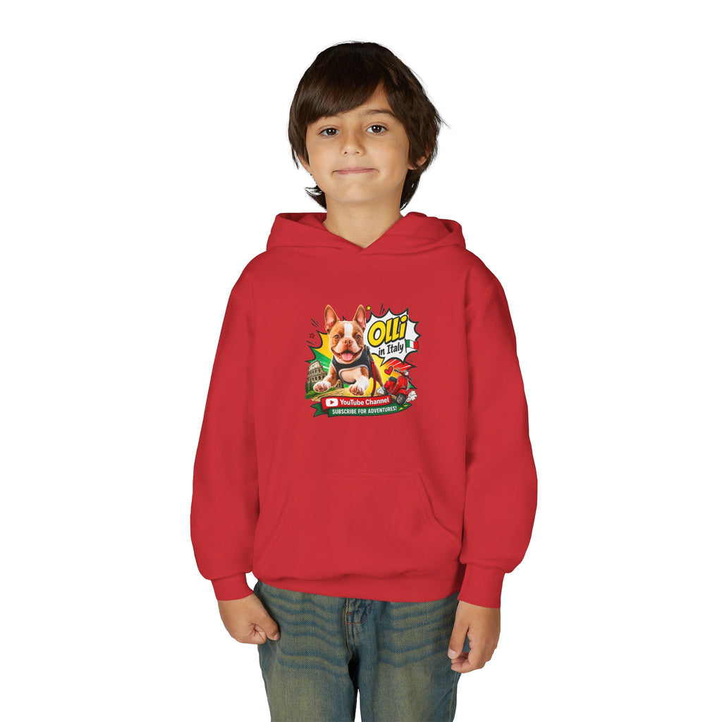 Olli the Boston Terrier in Italy Hoodie — "My Nose Says This Way" Youth Pullover