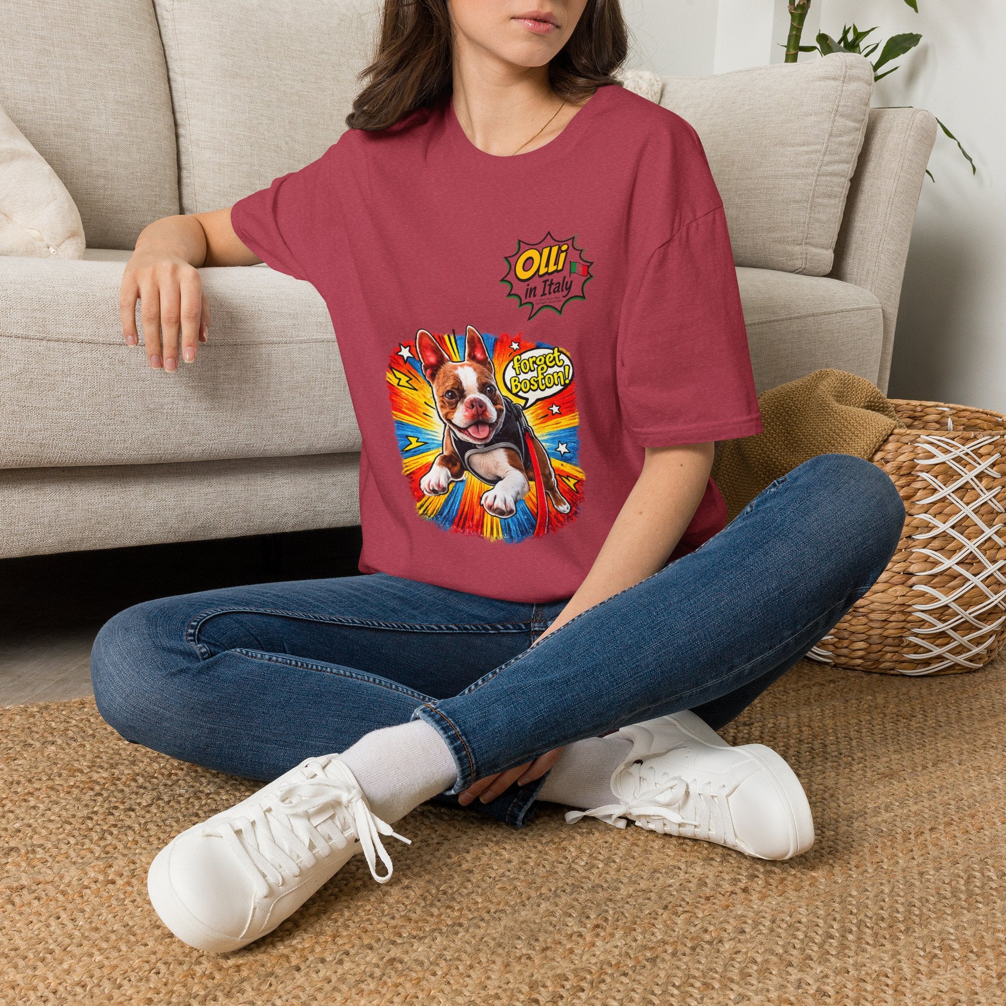 Olli in Italy "Forget Boston" Graphic T-Shirt — Colorful Dog Pop Art Tee