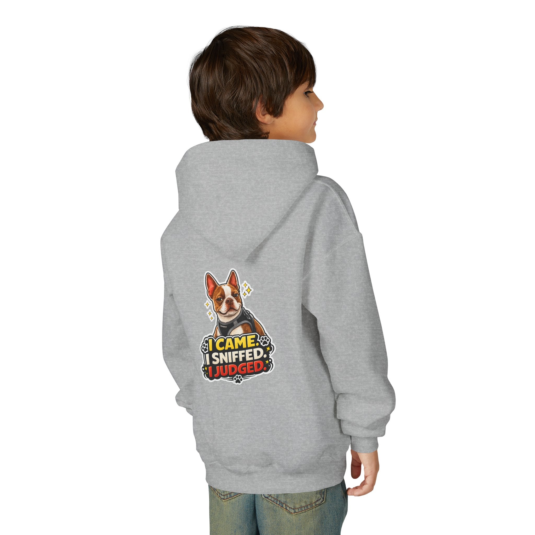 Youth Hoodie — Cute Olli the Boston Terrier ‘My Nose Says This Way’ / ‘I Came, I Sniffed, I Judged’
