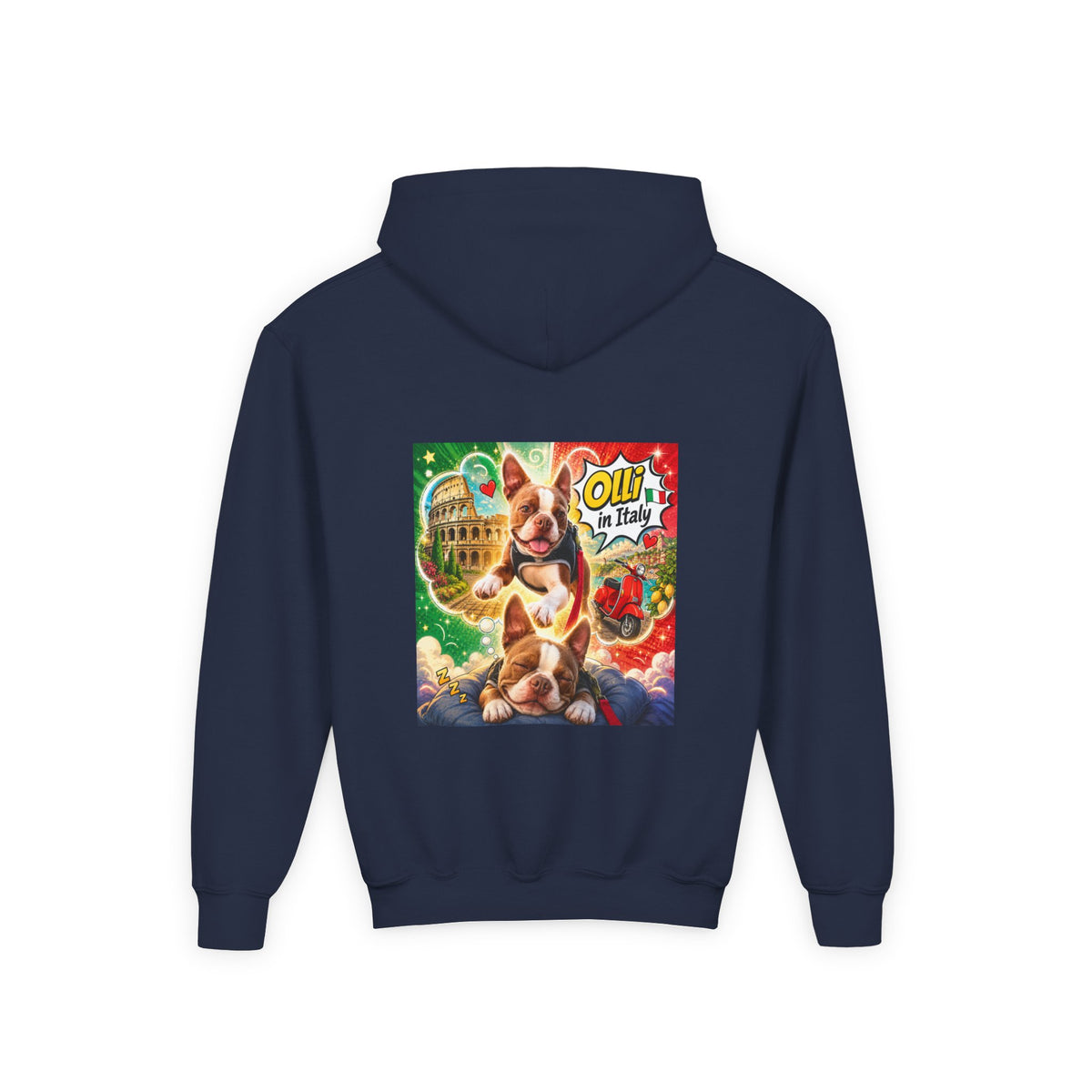 Youth Hoodie — "Olli from Italy" Boston Terrier Christmas Holiday Sweatshirt