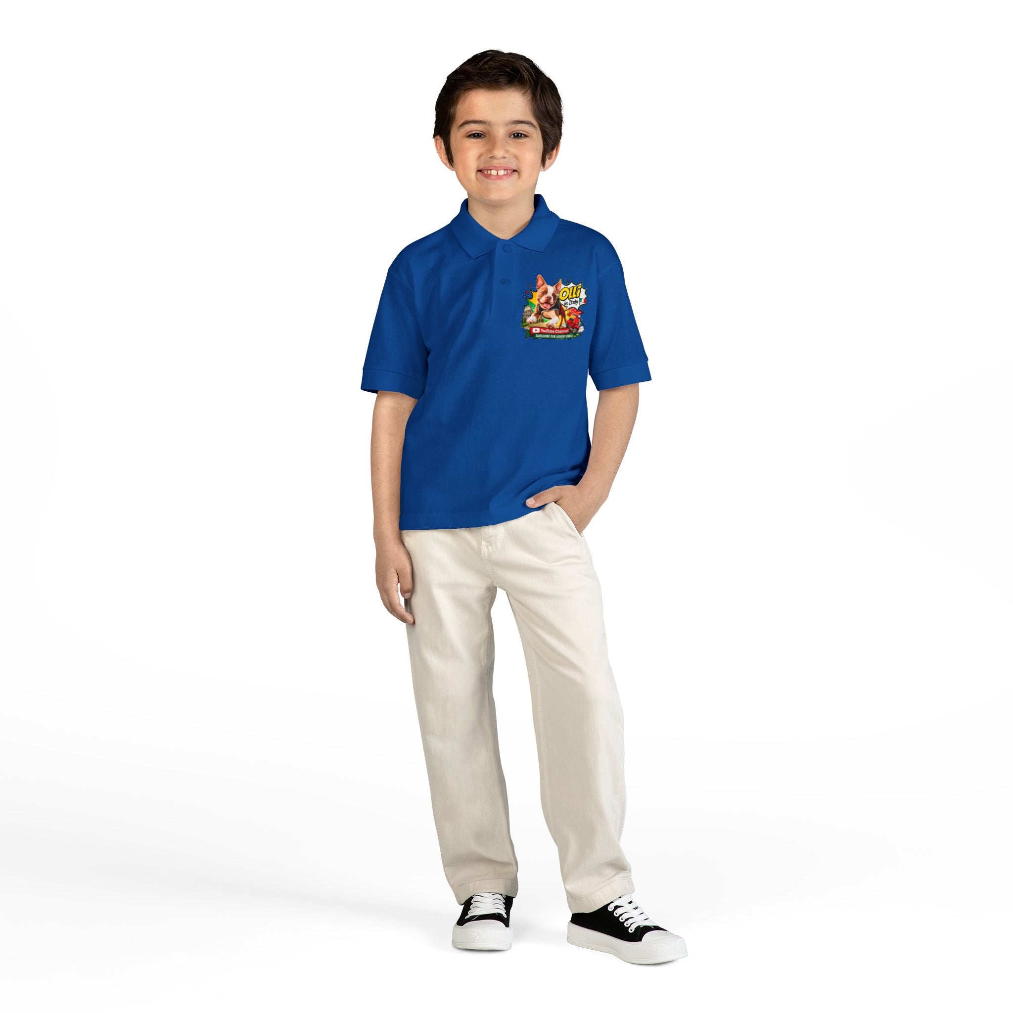 Olli the Boston Terrier In Italy DryBlend® Youth Jersey Polo