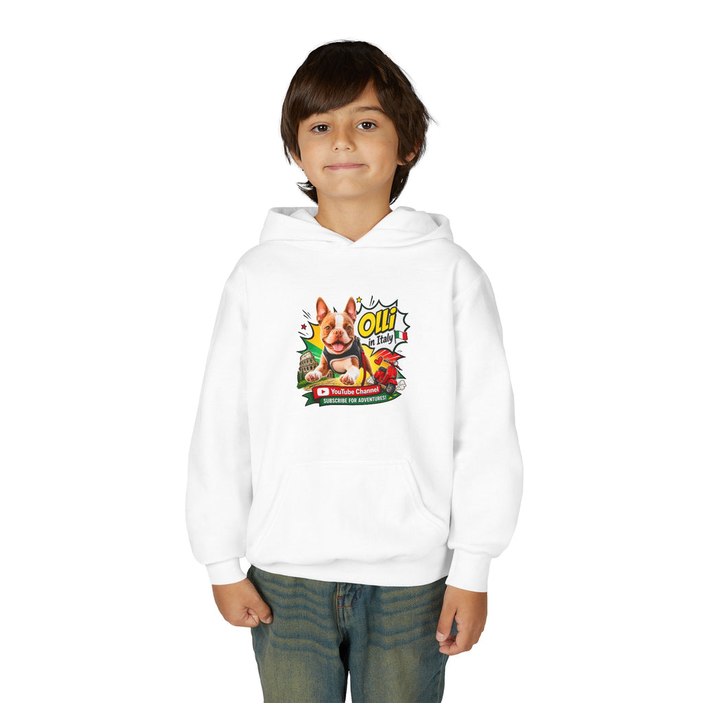 Olli the Boston Terrier in Italy Hoodie — "My Nose Says This Way" Youth Pullover