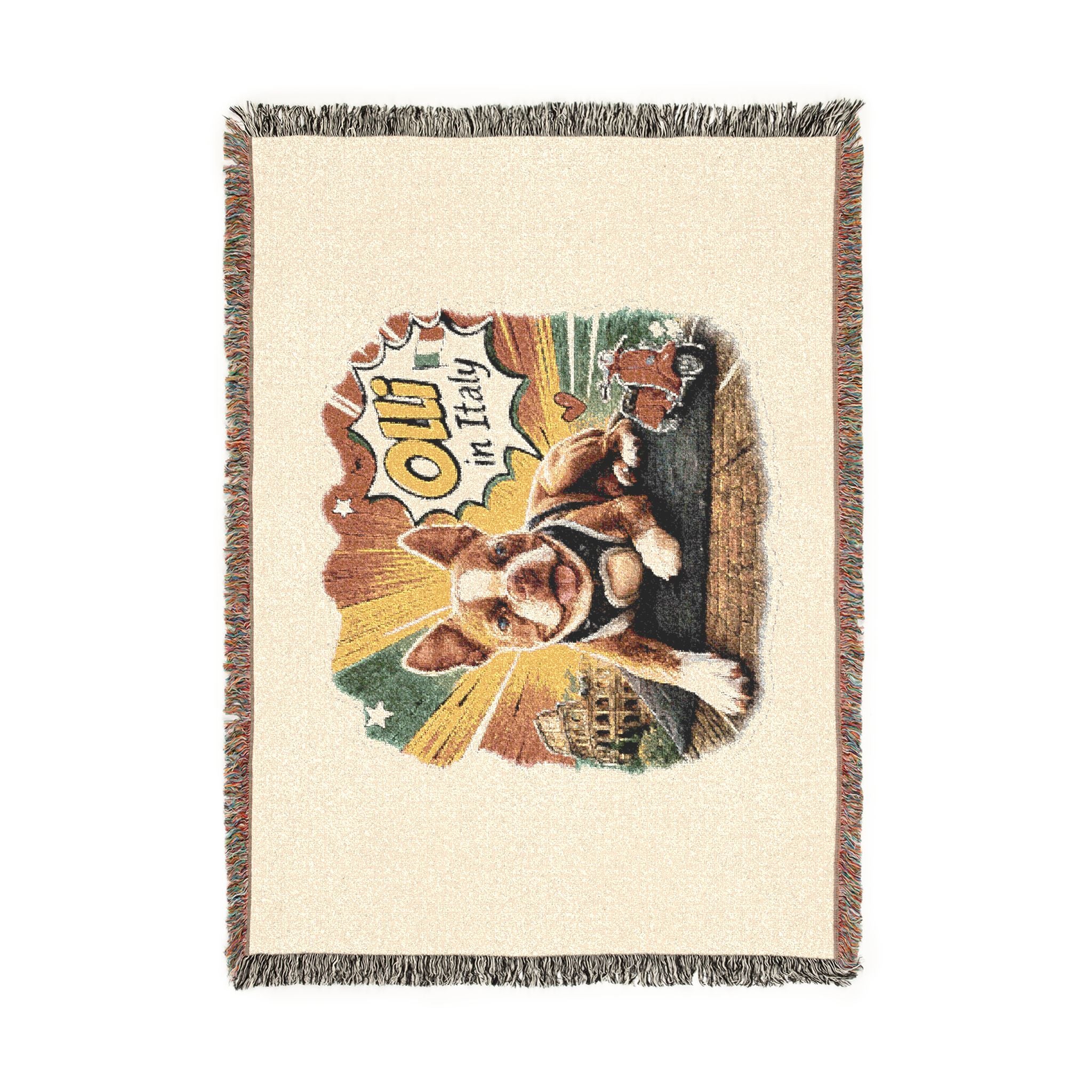 Olli in Italy dog illustration Woven Blanket | travel retro pet throw