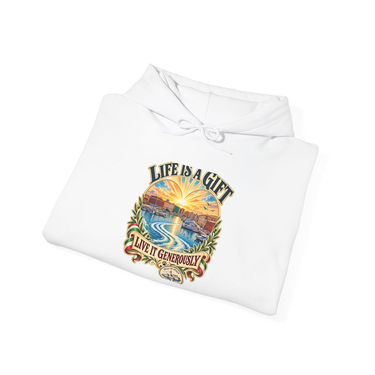 Life Is a Gift Hoodie — Sunset Ocean Graphic with “Live It Generously” Quote