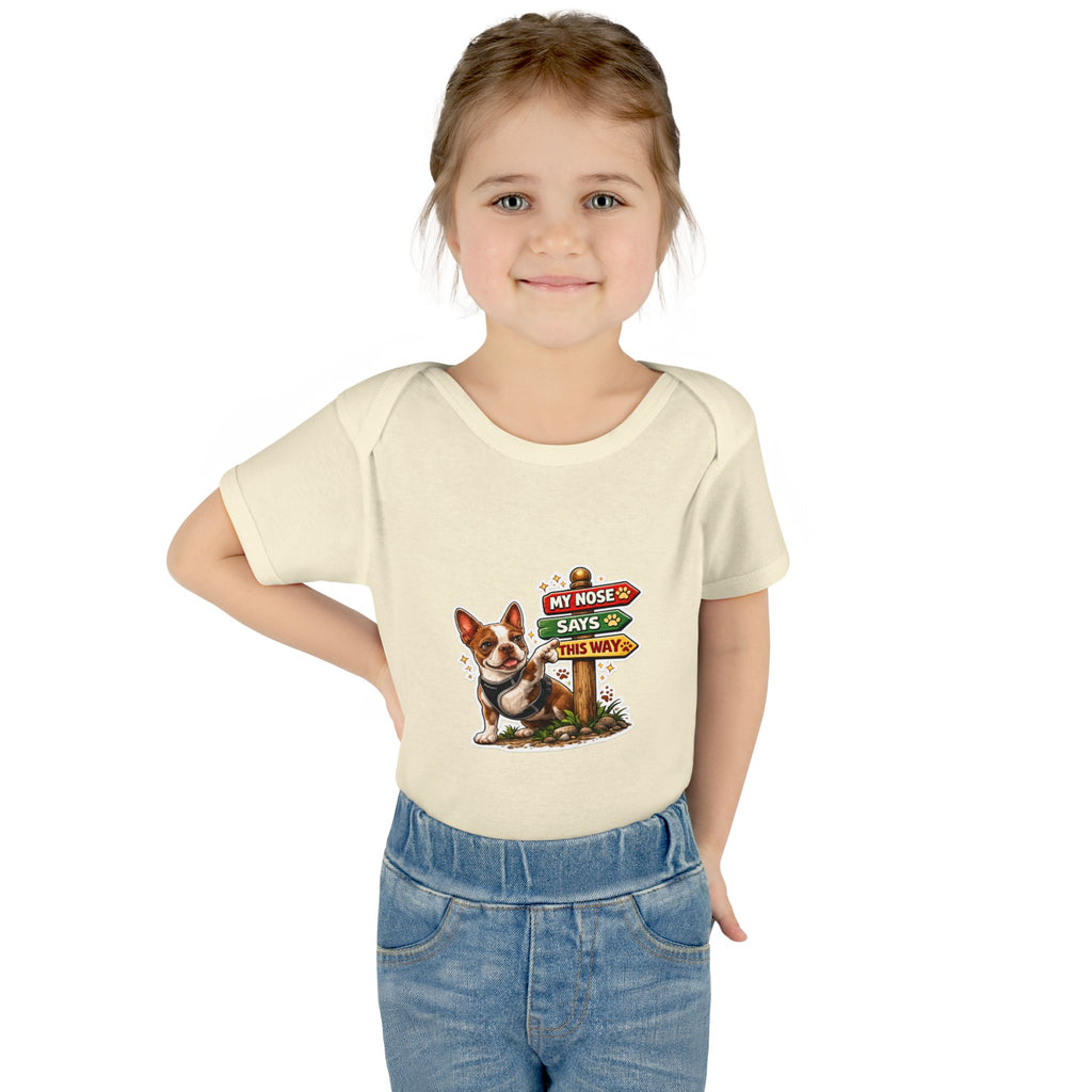 Infant Bodysuit — "My Nose Says This Way" Olli In Italy Boston Terrier Onesie (Front & Back Cute Dog Design)
