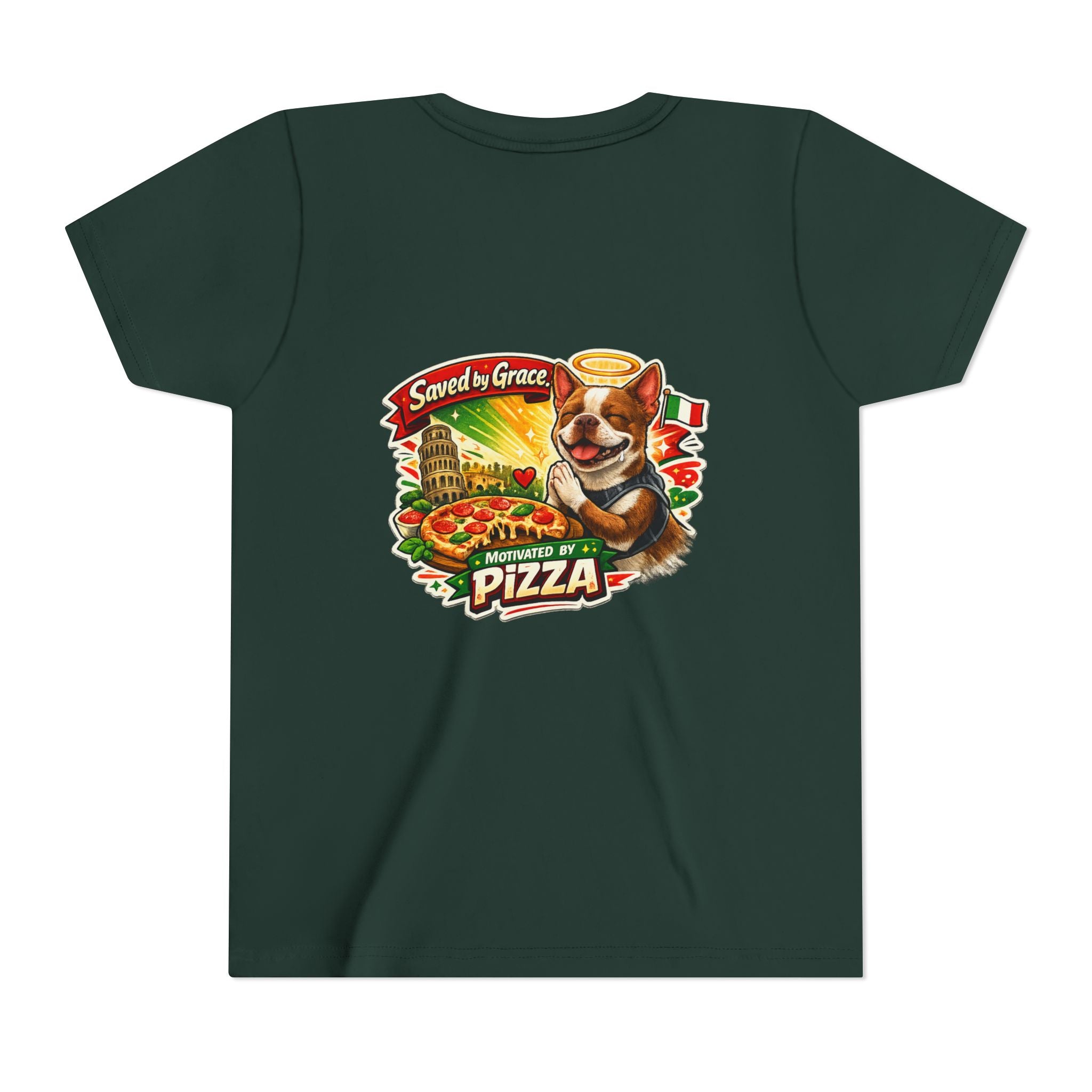 Kids' Pizza Olli the Boston Terrier Tee — "Saved by Grace" Funny Italian Pizza Youth Shirt