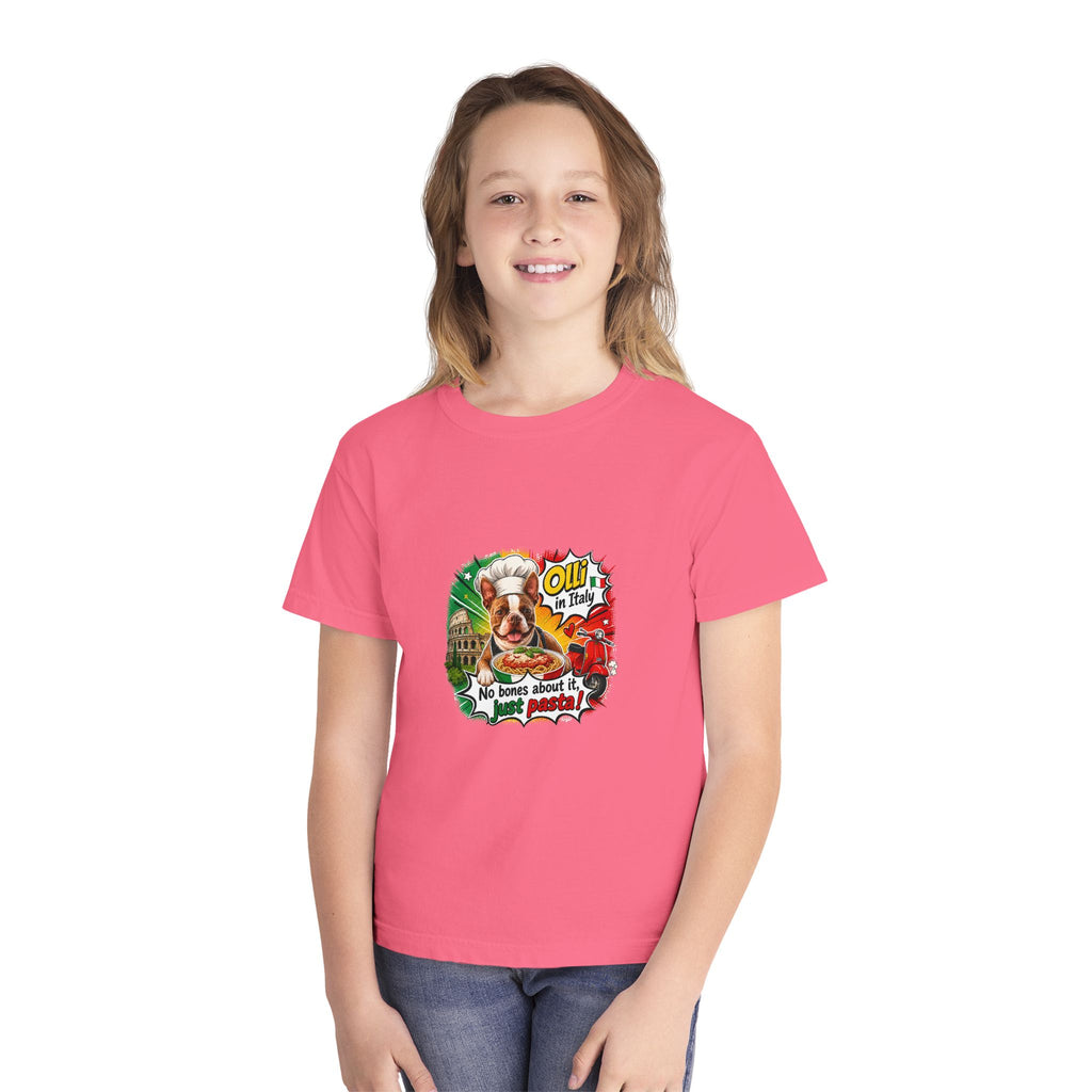 Youth Tee - Cute Olli the Boston Terrier "My Nose Says This Way" Vintage Italian Pizza Chef Graphic