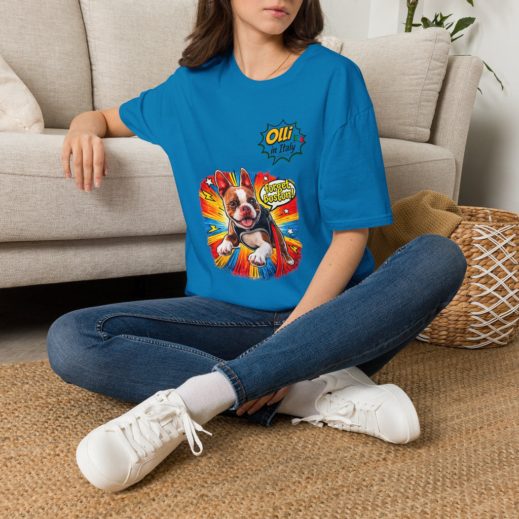 Olli in Italy "Forget Boston" Graphic T-Shirt — Colorful Dog Pop Art Tee