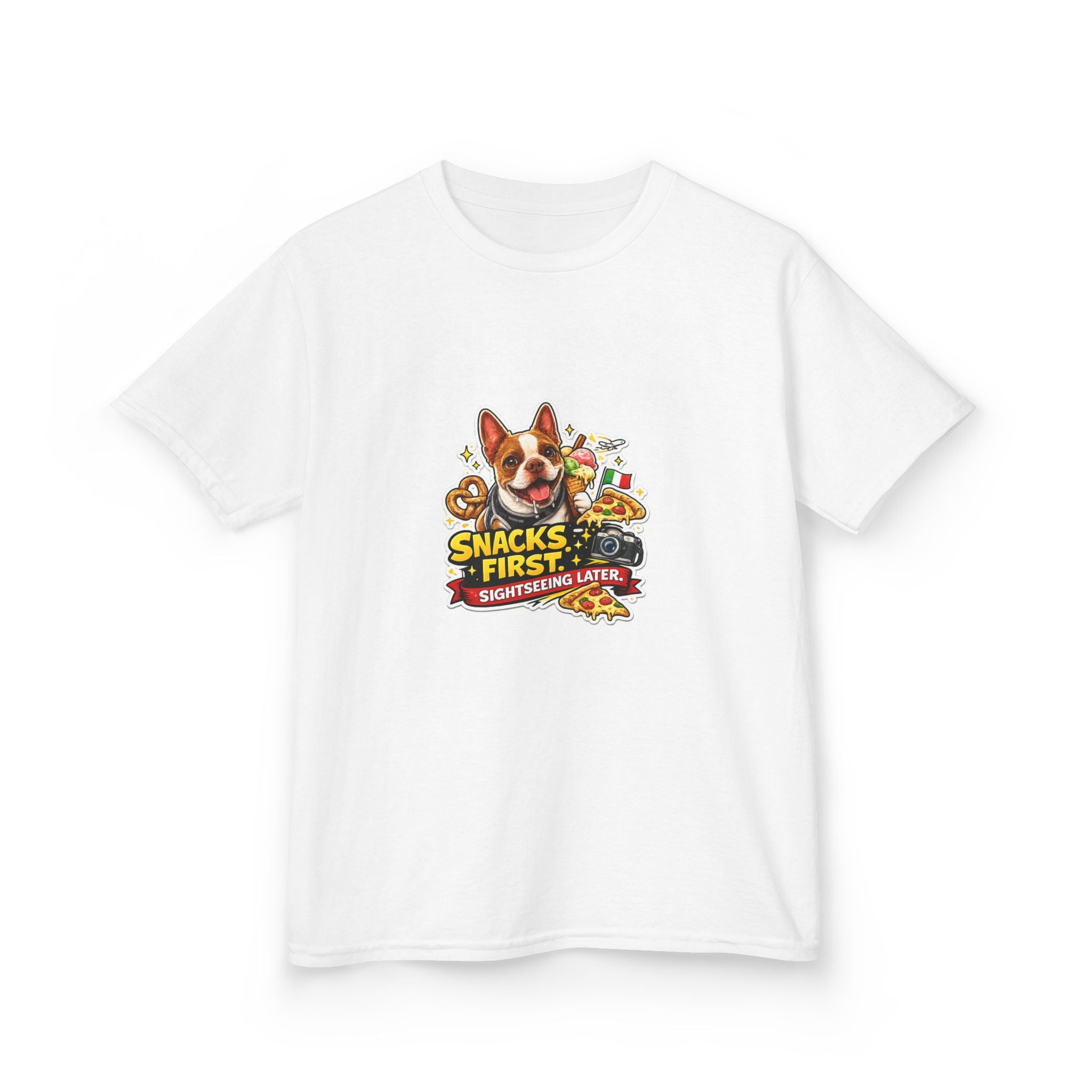 Kids T‑Shirt — "Snacks First" Funny Olli the Boston Terrier Graphic Tee for Children