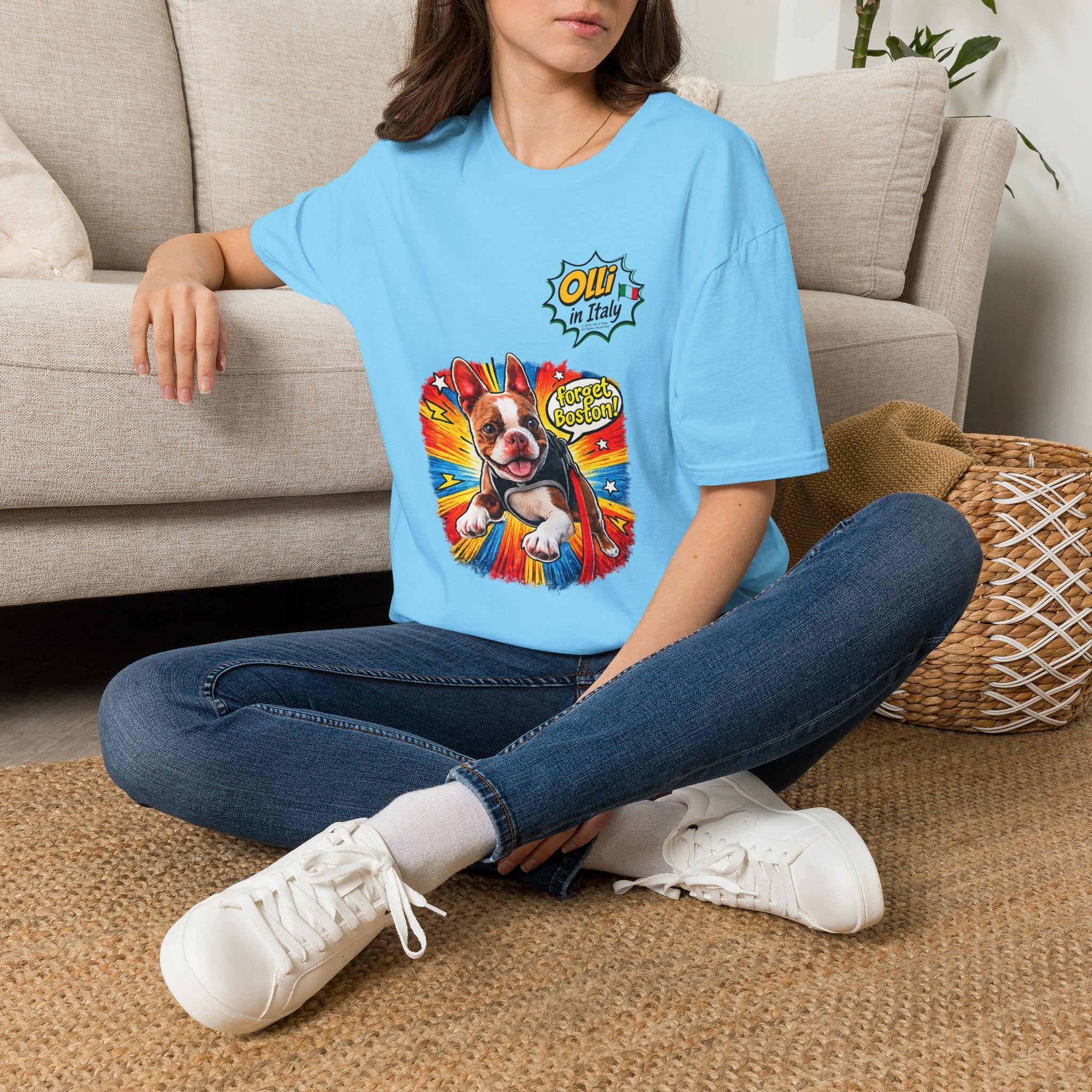 Olli in Italy "Forget Boston" Graphic T-Shirt — Colorful Dog Pop Art Tee