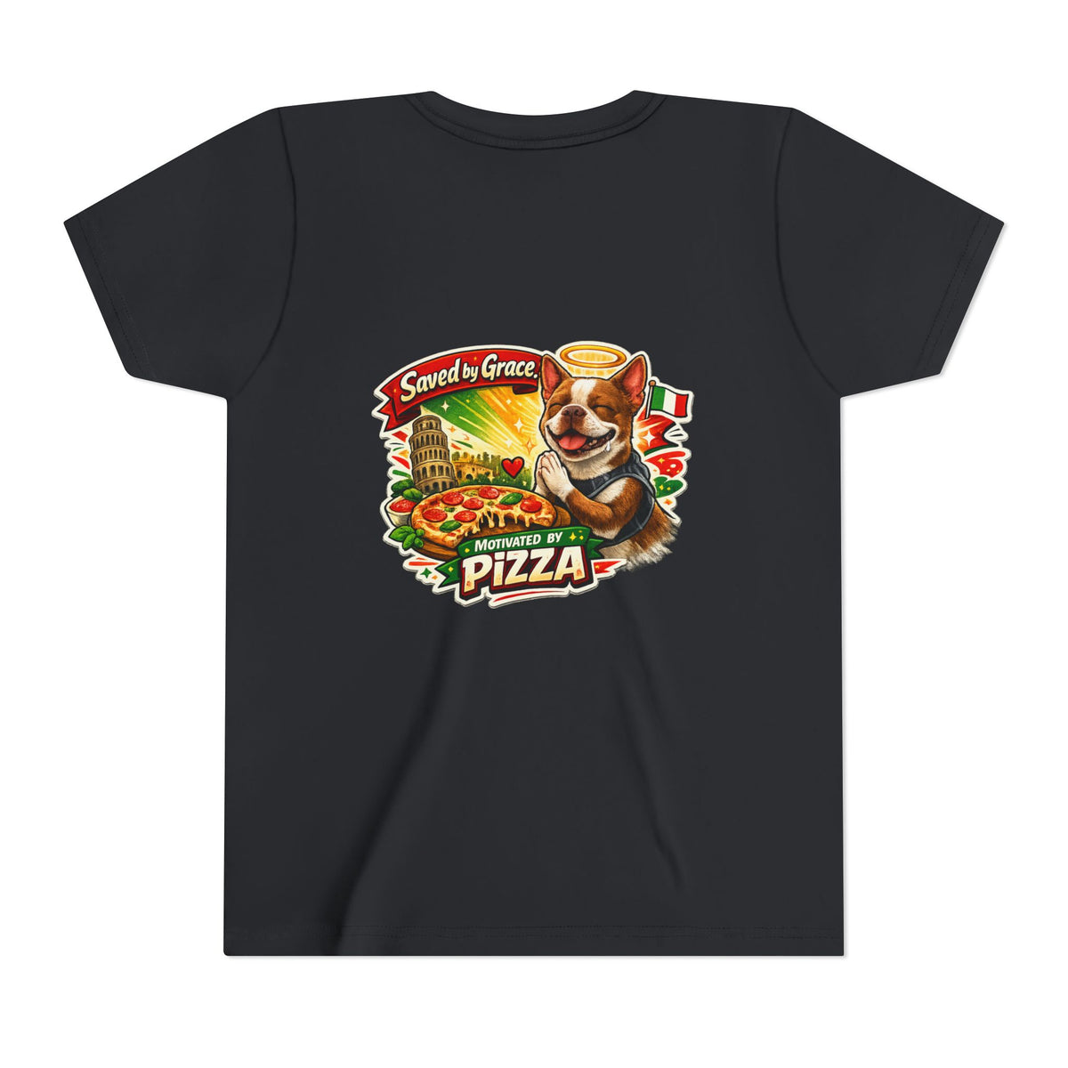Kids' Pizza Olli the Boston Terrier Tee — "Saved by Grace" Funny Italian Pizza Youth Shirt