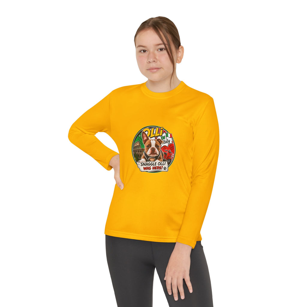 Olli the Boston Terrier in Italy Youth Long Sleeve Tee — "Olli" Surf Rescue Graphic