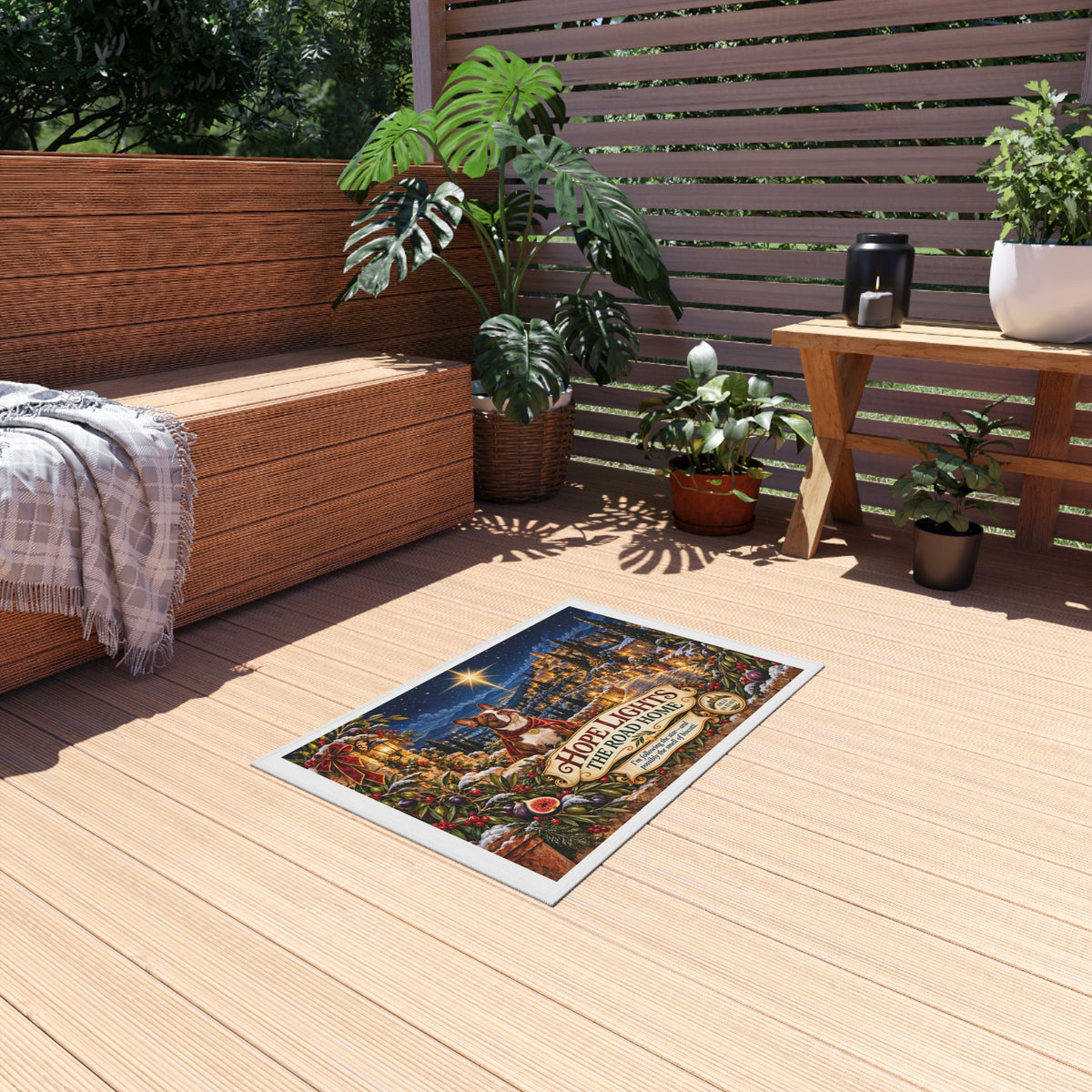 Outdoor Rug — "Hope Lights the Road Home" Christmas Holiday Doormat Rug with Boston Terrier