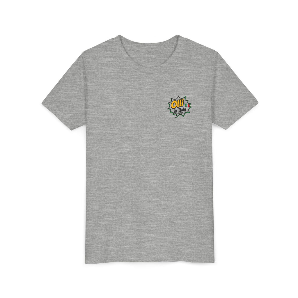 Kids' Pizza Olli the Boston Terrier in Italy Tee — "Saved by Grace" Funny Italian Pizza Youth Shirt
