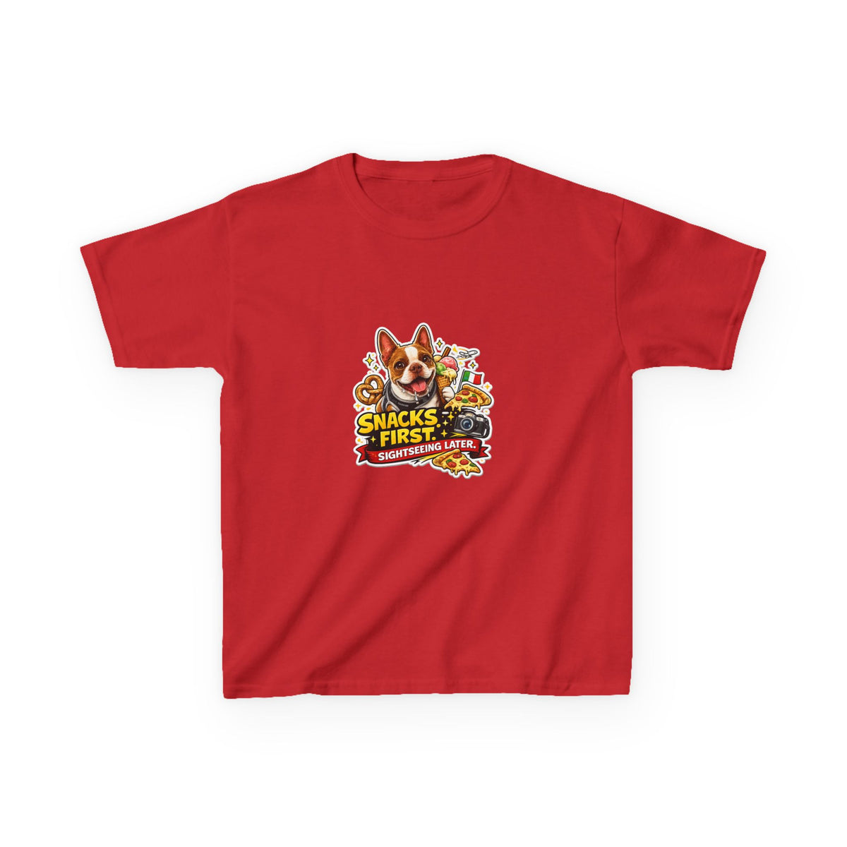 Kids T‑Shirt — "Snacks First" Funny Olli the Boston Terrier Graphic Tee for Children