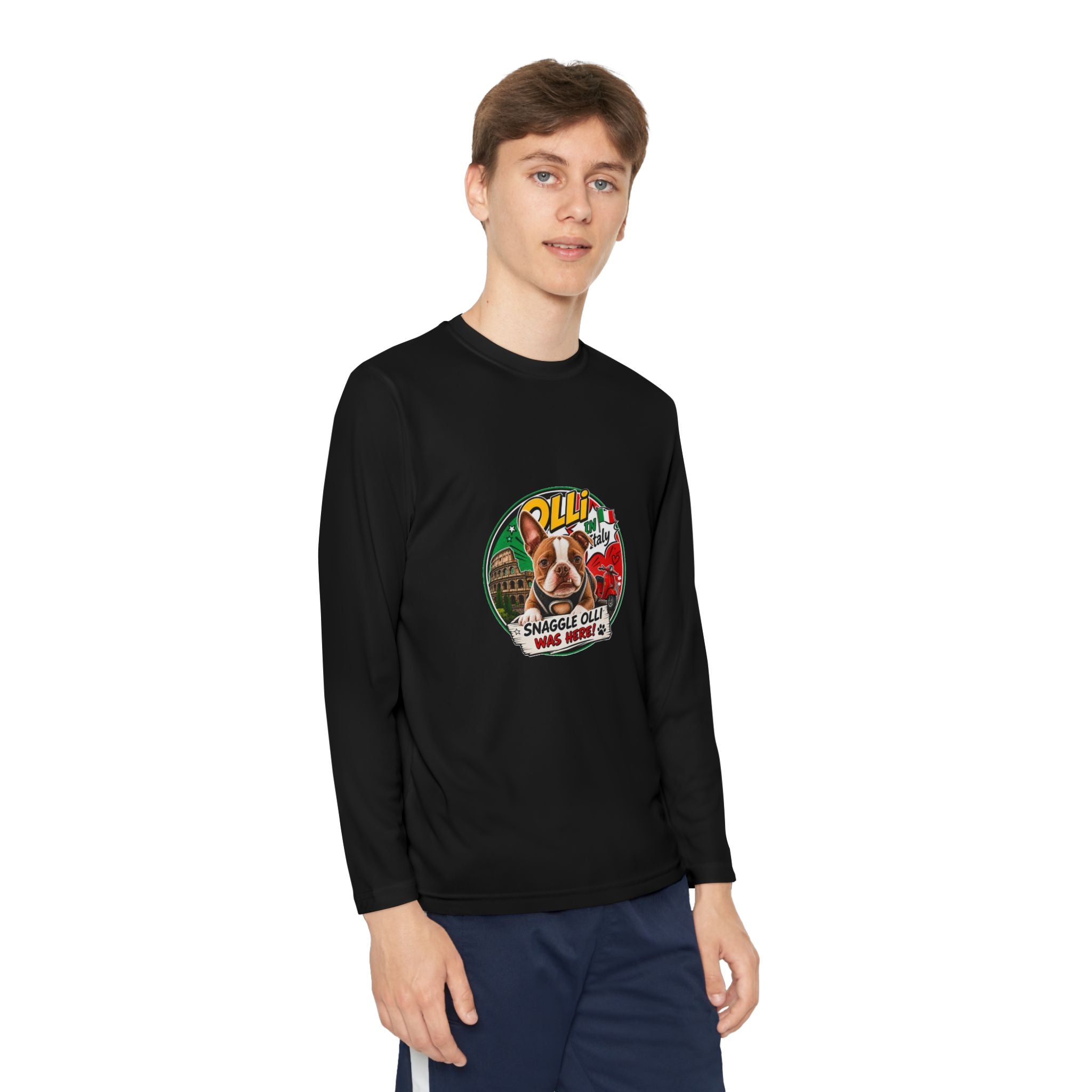 Olli the Boston Terrier in Italy Youth Long Sleeve Tee — "Olli" Surf Rescue Graphic