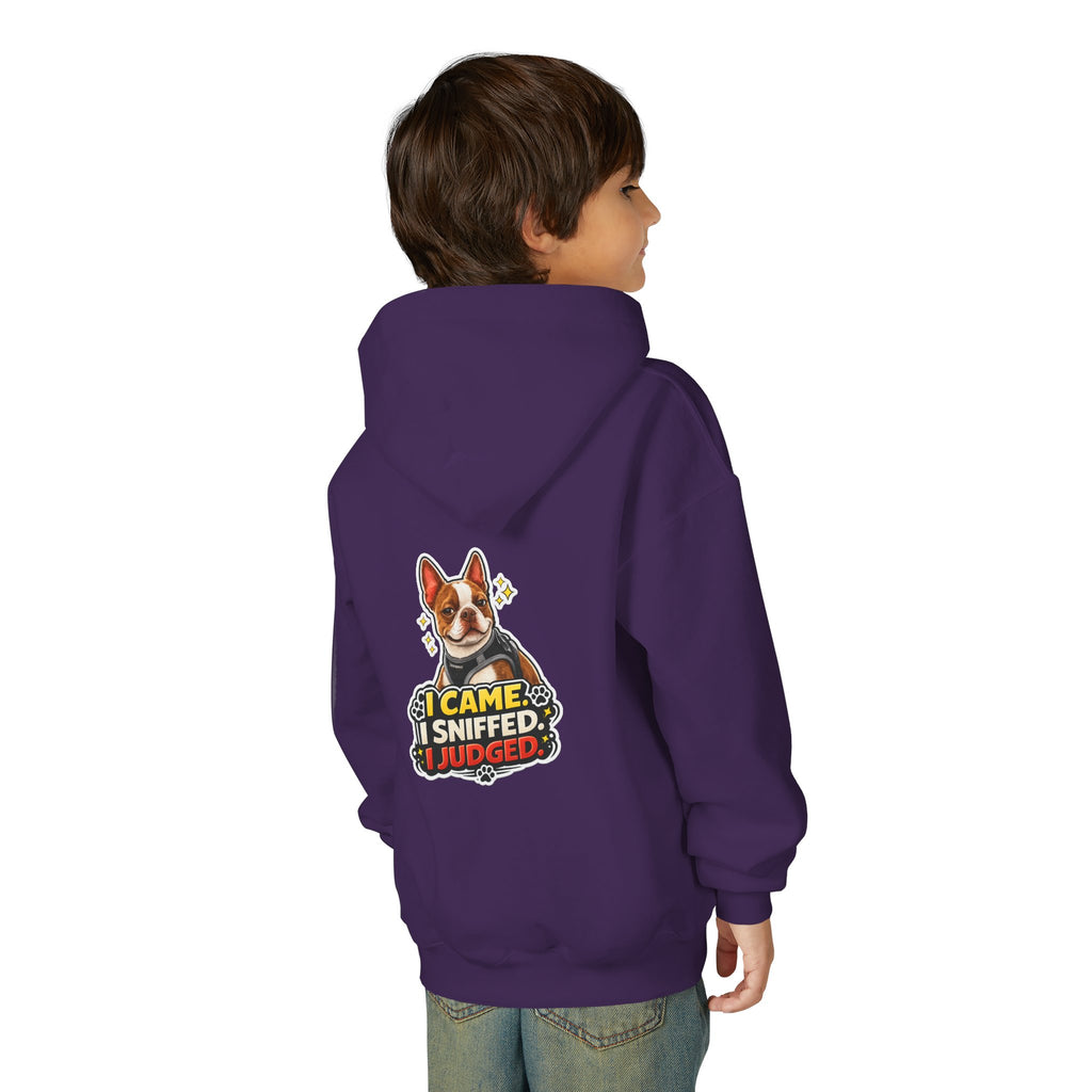 Youth Hoodie — Cute Olli the Boston Terrier ‘My Nose Says This Way’ / ‘I Came, I Sniffed, I Judged’