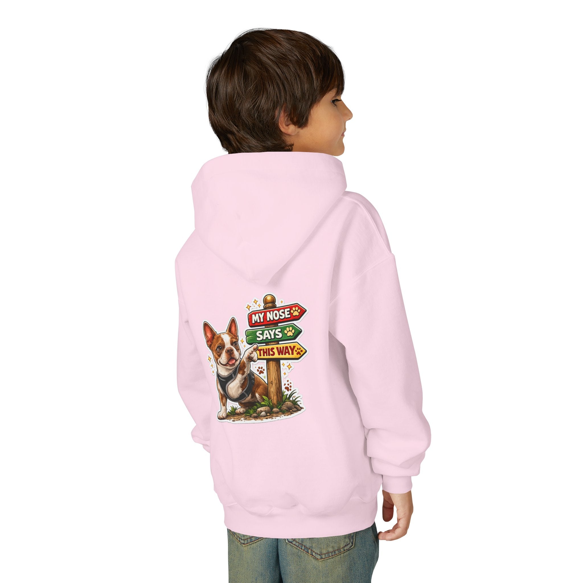 Olli the Boston Terrier in Italy Hoodie — "My Nose Says This Way" Youth Pullover