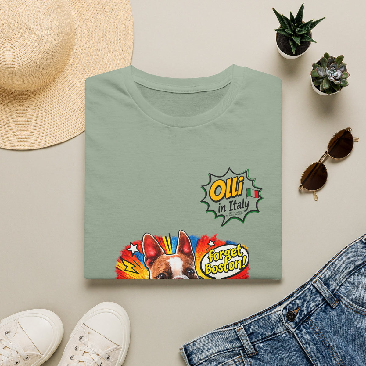 Olli in Italy "Forget Boston" Graphic T-Shirt — Colorful Dog Pop Art Tee