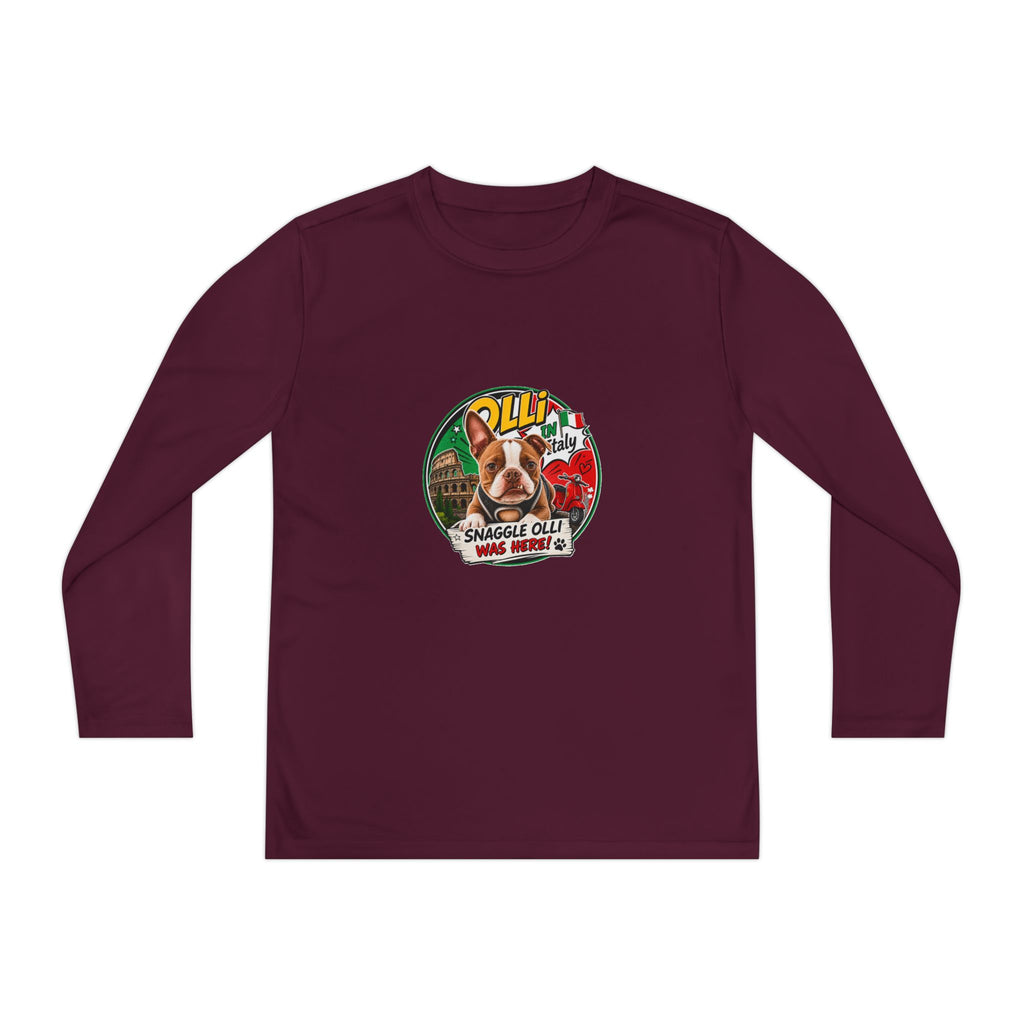 Olli the Boston Terrier in Italy Youth Long Sleeve Tee — "Olli" Surf Rescue Graphic