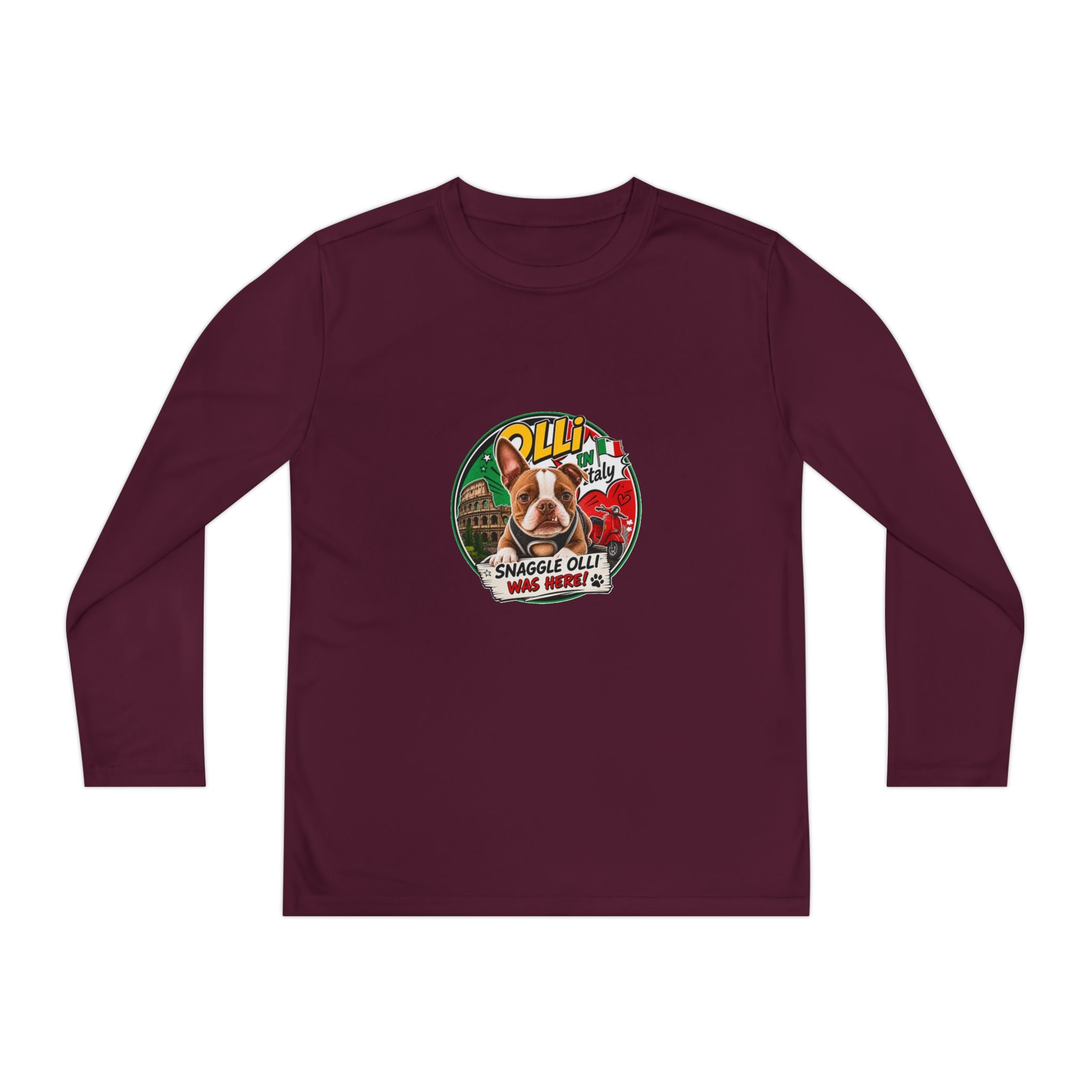 Olli the Boston Terrier in Italy Youth Long Sleeve Tee — "Olli" Surf Rescue Graphic