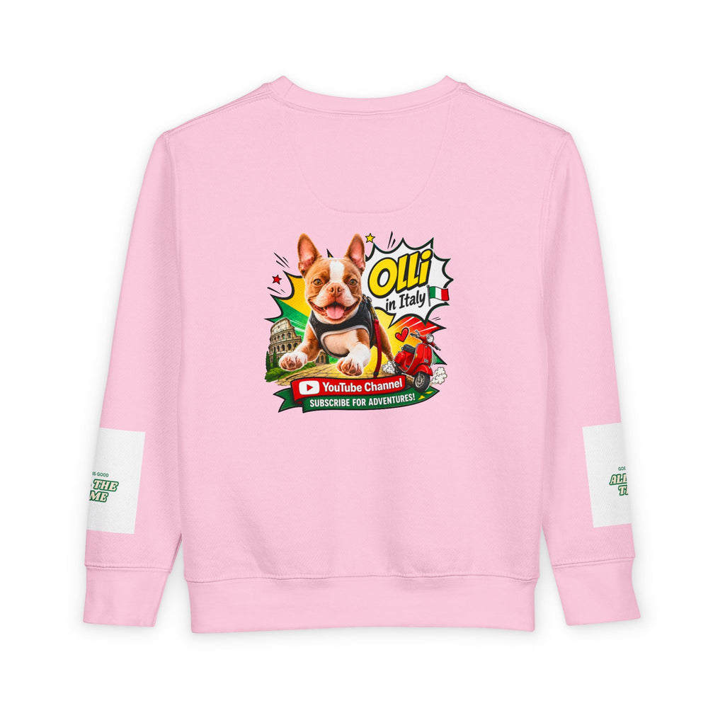 Toddler Sweatshirt - "Olli in Italy" Cute Boston Terrier Puppy Travel Crewneck