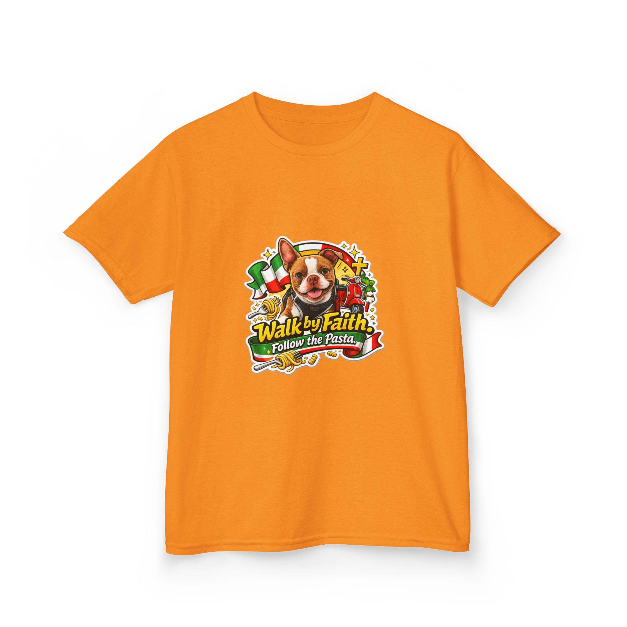 Kids T‑Shirt — “Walk by Faith, Follow the Pasta ” Cute Olli the Boston Terrier Faith Graphic
