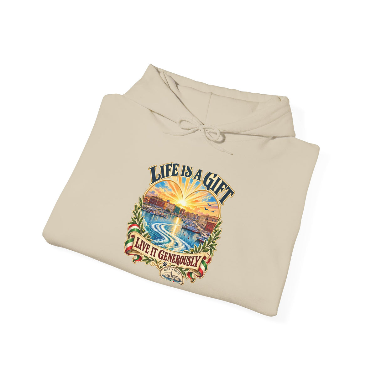 Life Is a Gift Hoodie — Sunset Ocean Graphic with “Live It Generously” Quote