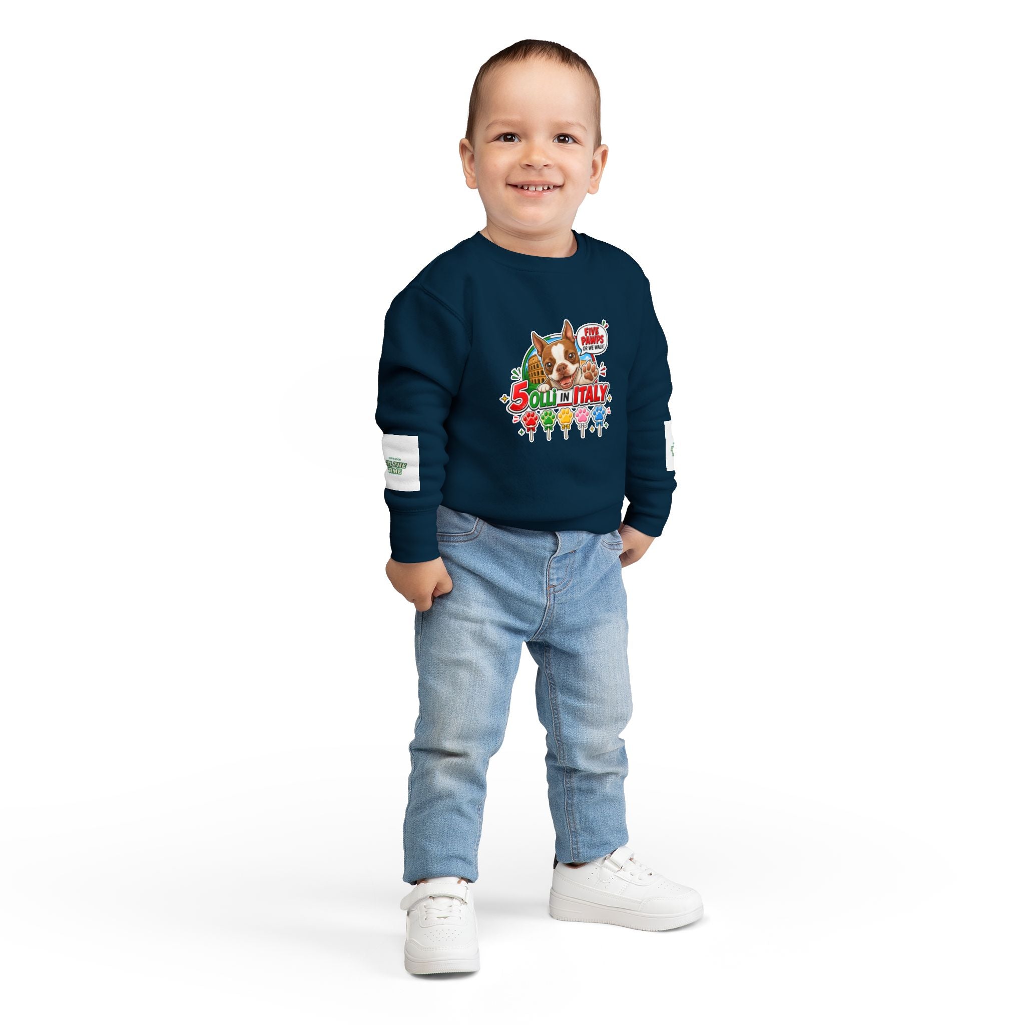 Toddler Sweatshirt - "Olli in Italy" Cute Boston Terrier Puppy Travel Crewneck