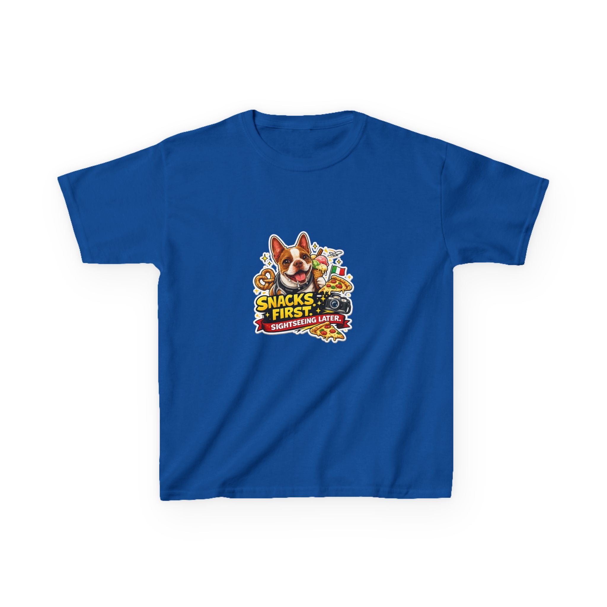 Kids T‑Shirt — "Snacks First" Funny Olli the Boston Terrier Graphic Tee for Children