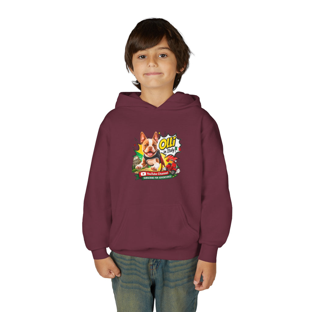 Olli the Boston Terrier in Italy Hoodie — "My Nose Says This Way" Youth Pullover