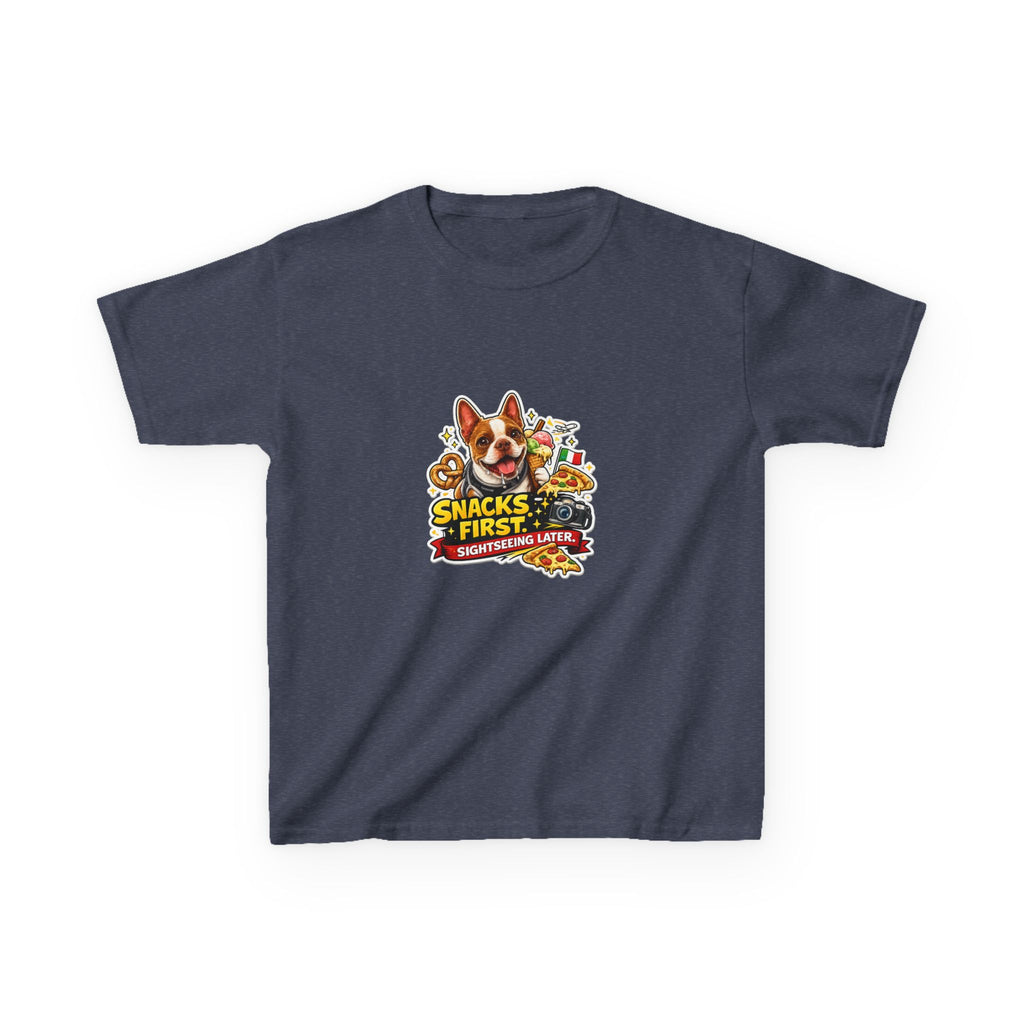 Kids T‑Shirt — "Snacks First" Funny Olli the Boston Terrier Graphic Tee for Children