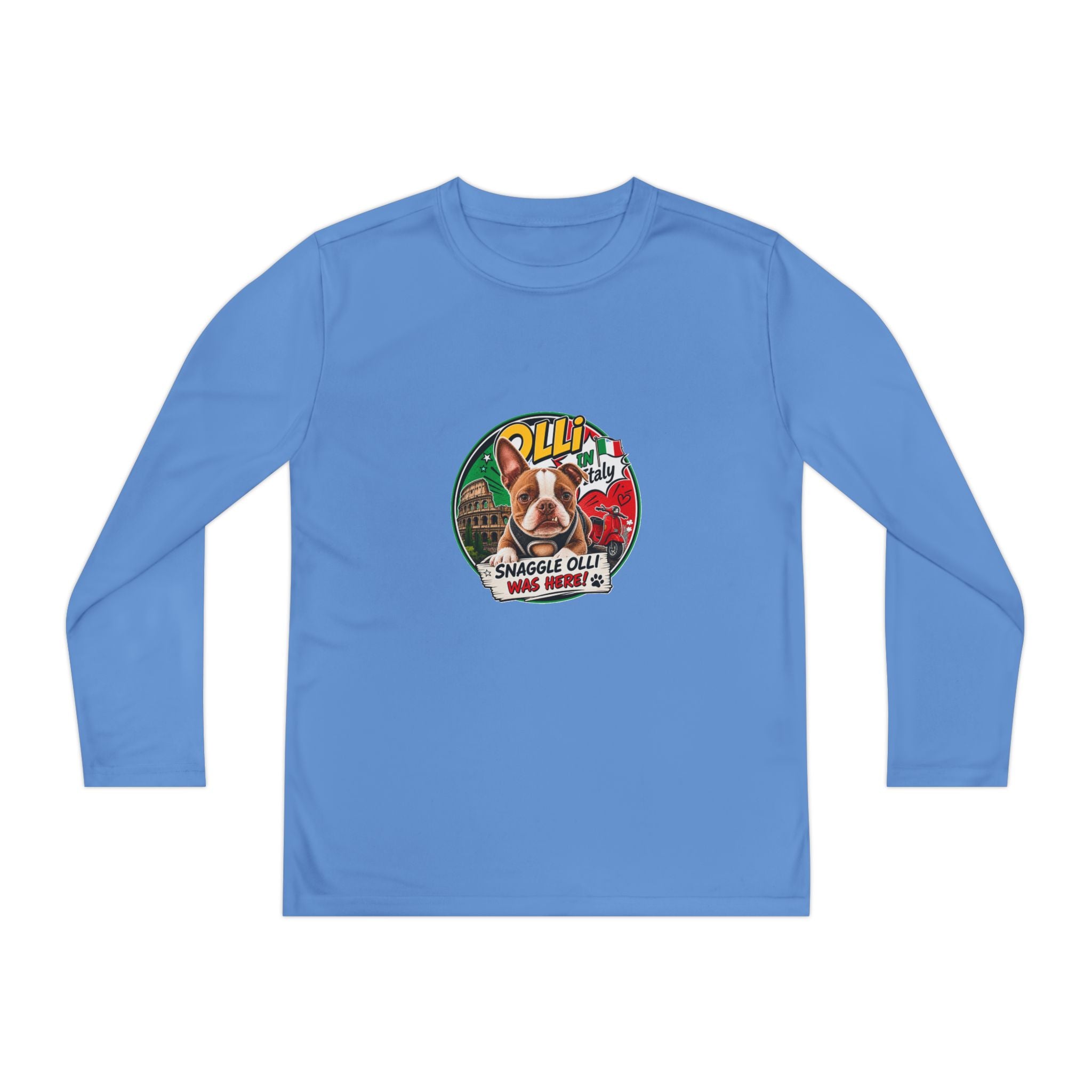 Olli the Boston Terrier in Italy Youth Long Sleeve Tee — "Olli" Surf Rescue Graphic