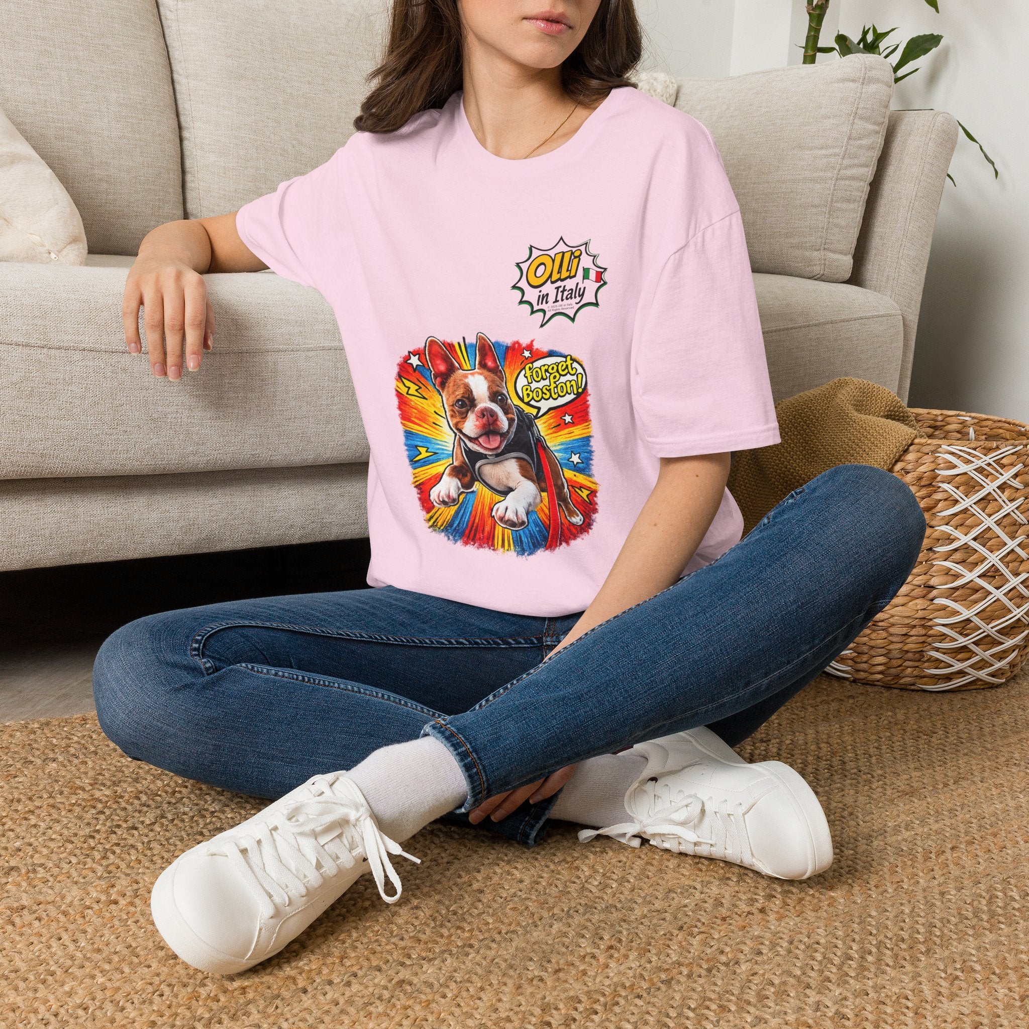 Olli in Italy "Forget Boston" Graphic T-Shirt — Colorful Dog Pop Art Tee