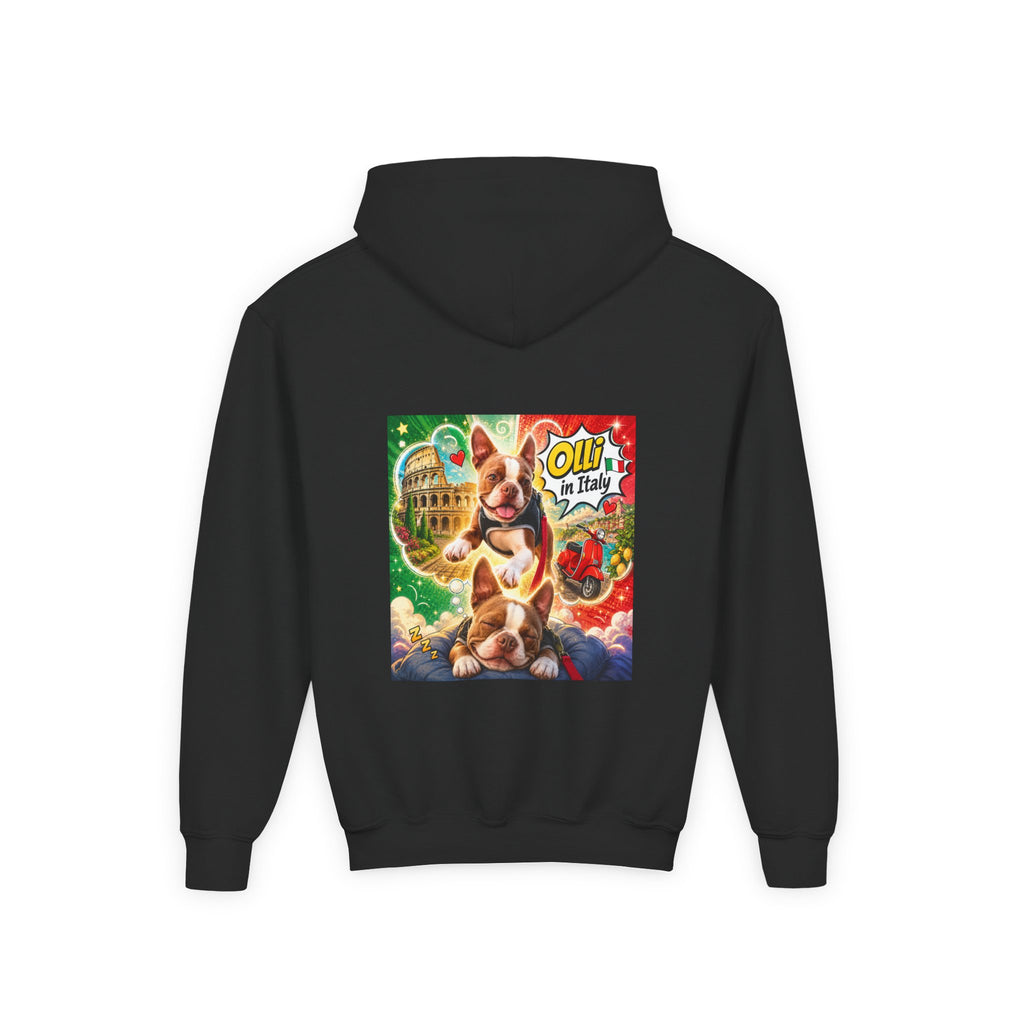 Youth Hoodie — "Olli in Italy" Boston Terrier Sweatshirt