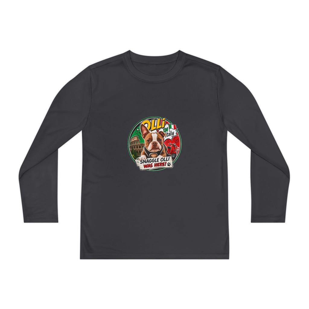 Olli the Boston Terrier in Italy Youth Long Sleeve Tee — "Olli" Surf Rescue Graphic
