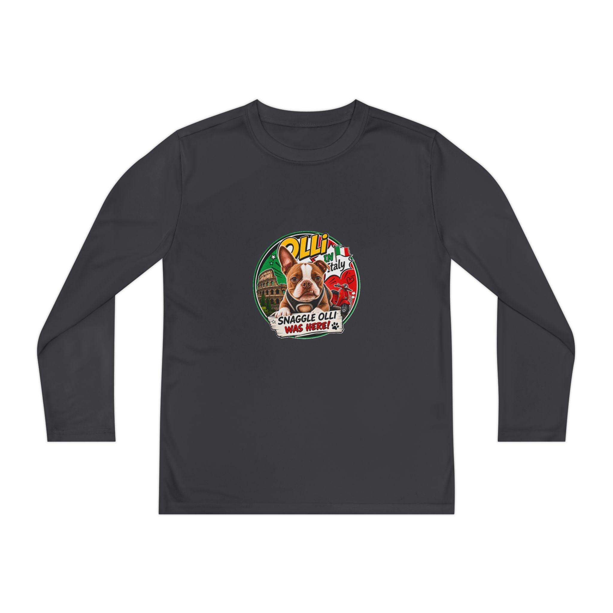 Olli the Boston Terrier in Italy Youth Long Sleeve Tee — "Olli" Surf Rescue Graphic
