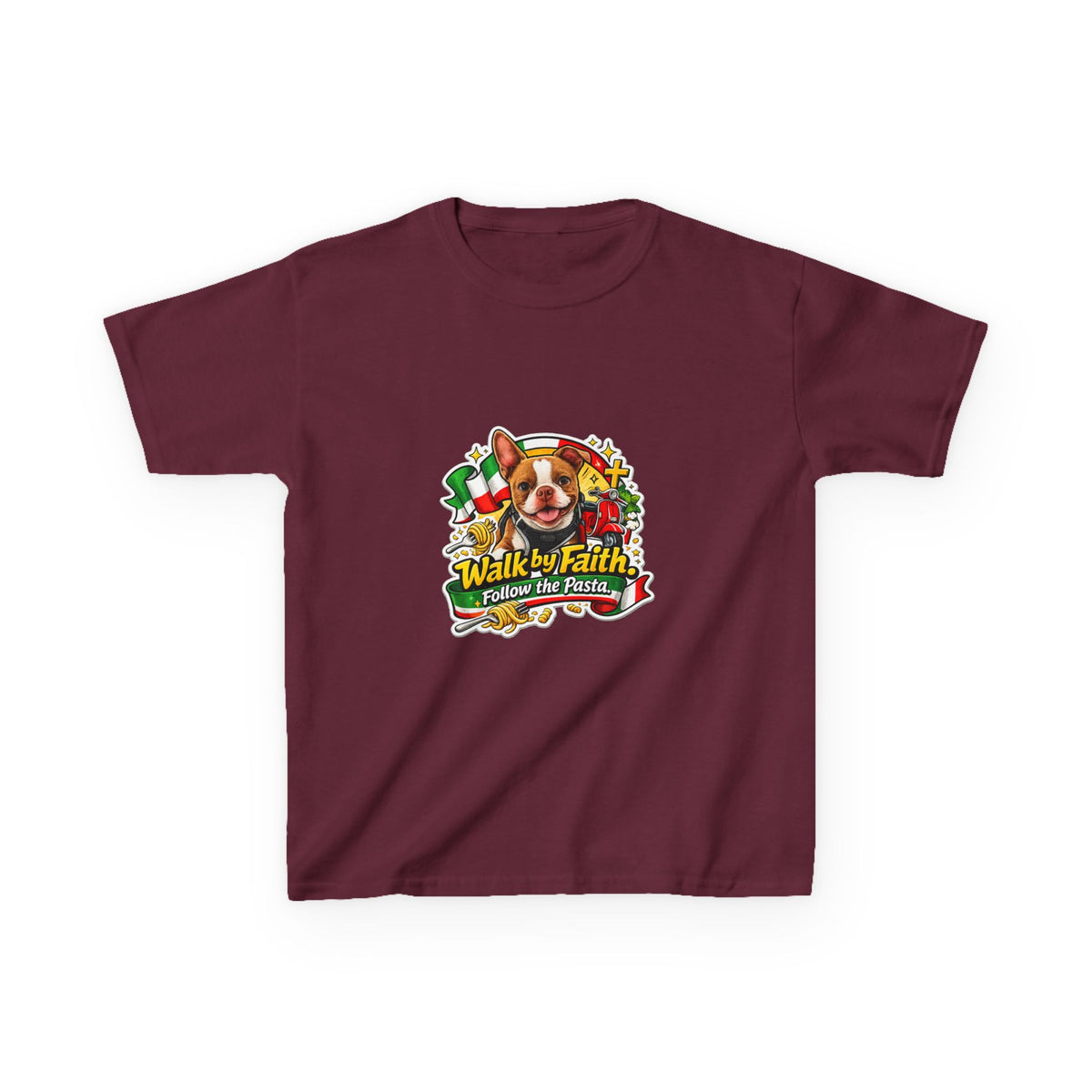 Kids T‑Shirt — “Walk by Faith, Follow the Pasta ” Cute Olli the Boston Terrier Faith Graphic
