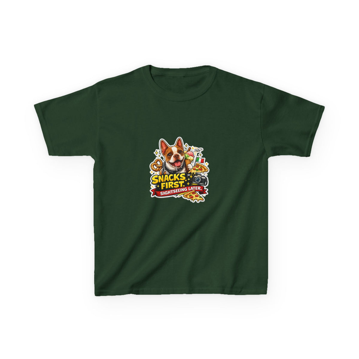 Kids T‑Shirt — "Snacks First" Funny Olli the Boston Terrier Graphic Tee for Children