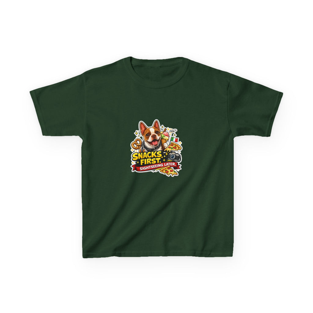 Kids T‑Shirt — "Snacks First" Funny Olli the Boston Terrier Graphic Tee for Children