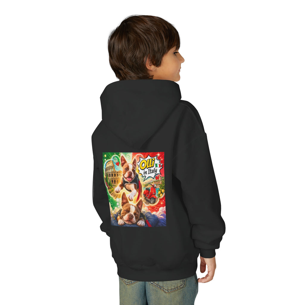 Youth Hoodie — "Olli in Italy" Boston Terrier Sweatshirt