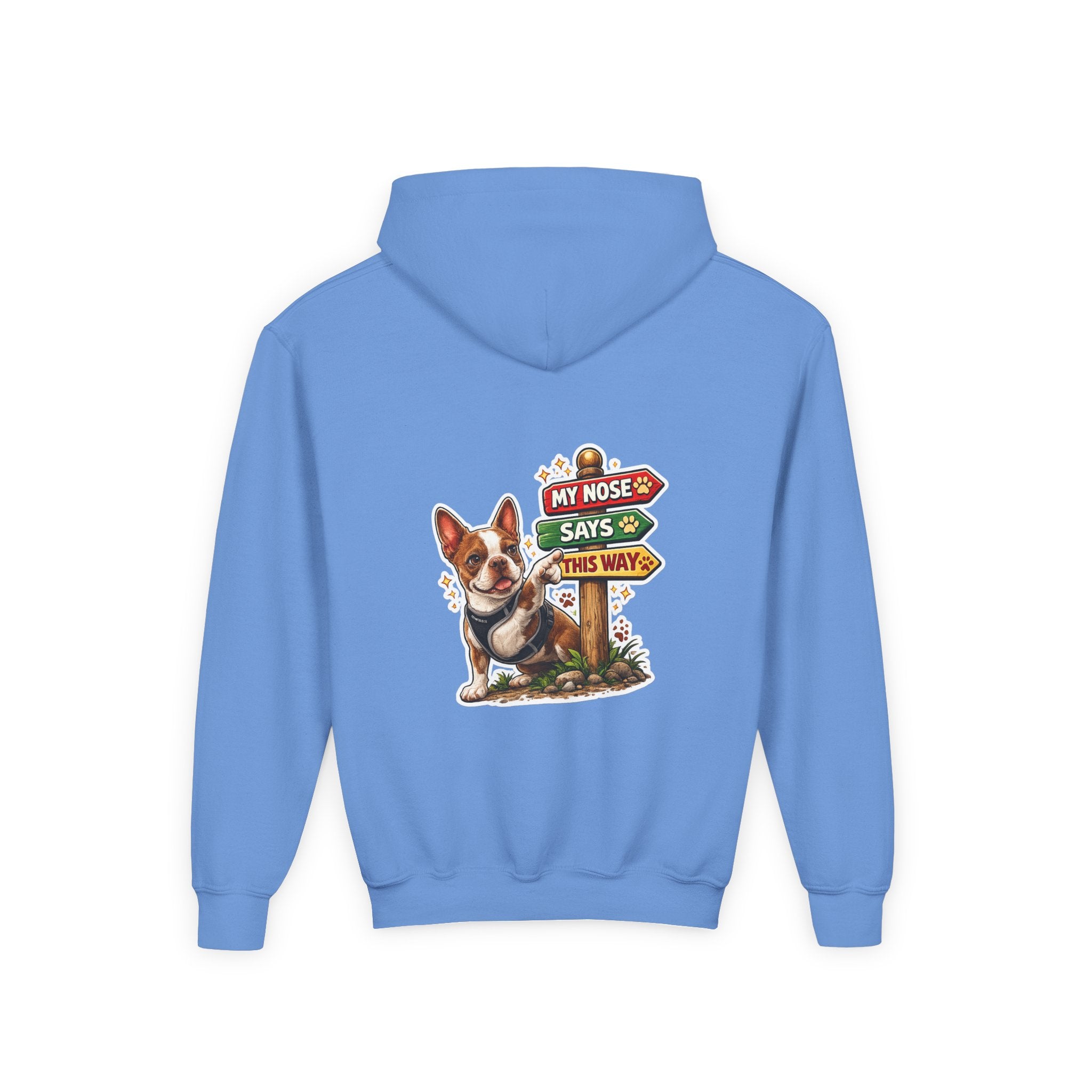 Olli the Boston Terrier in Italy Hoodie — "My Nose Says This Way" Youth Pullover
