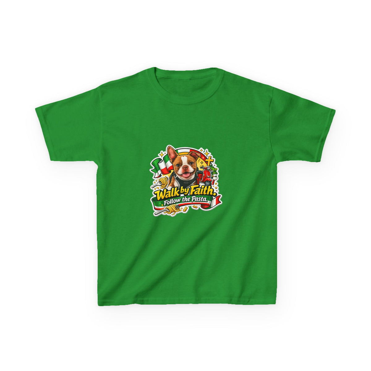Kids T‑Shirt — “Walk by Faith, Follow the Pasta ” Cute Olli the Boston Terrier Faith Graphic