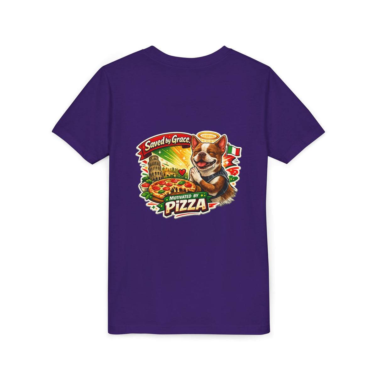 Kids' Pizza Olli the Boston Terrier Tee — "Saved by Grace" Funny Italian Pizza Youth Shirt