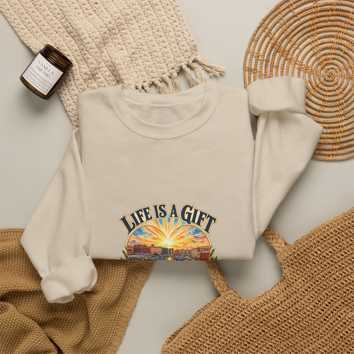 Life Is a Gift Crewneck Sweatshirt – 'Live It Generously' Graphic