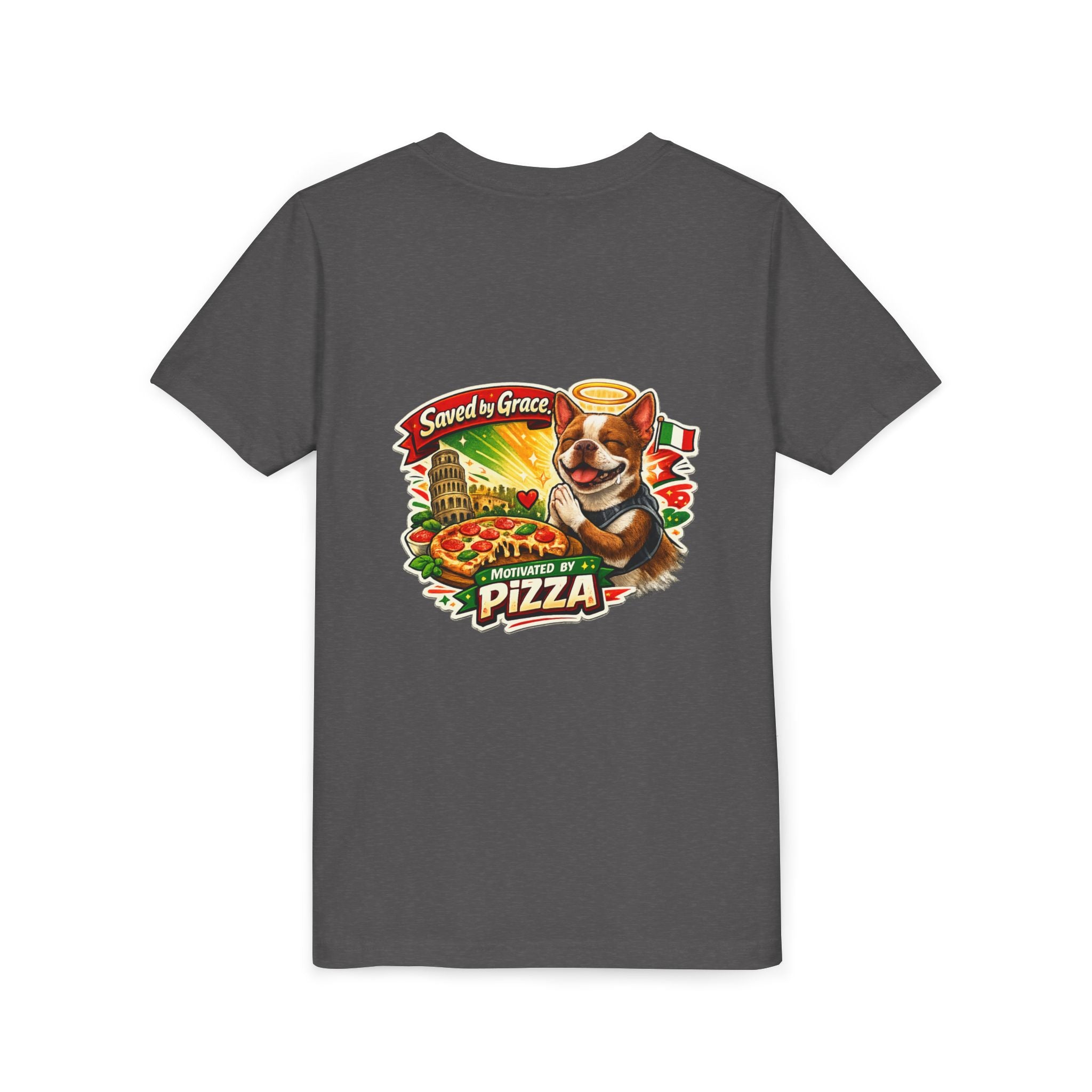 Kids' Pizza Olli the Boston Terrier Tee — "Saved by Grace" Funny Italian Pizza Youth Shirt