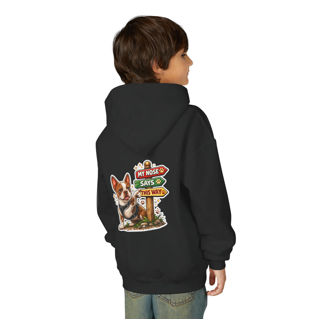 Olli the Boston Terrier in Italy Hoodie — "My Nose Says This Way" Youth Pullover