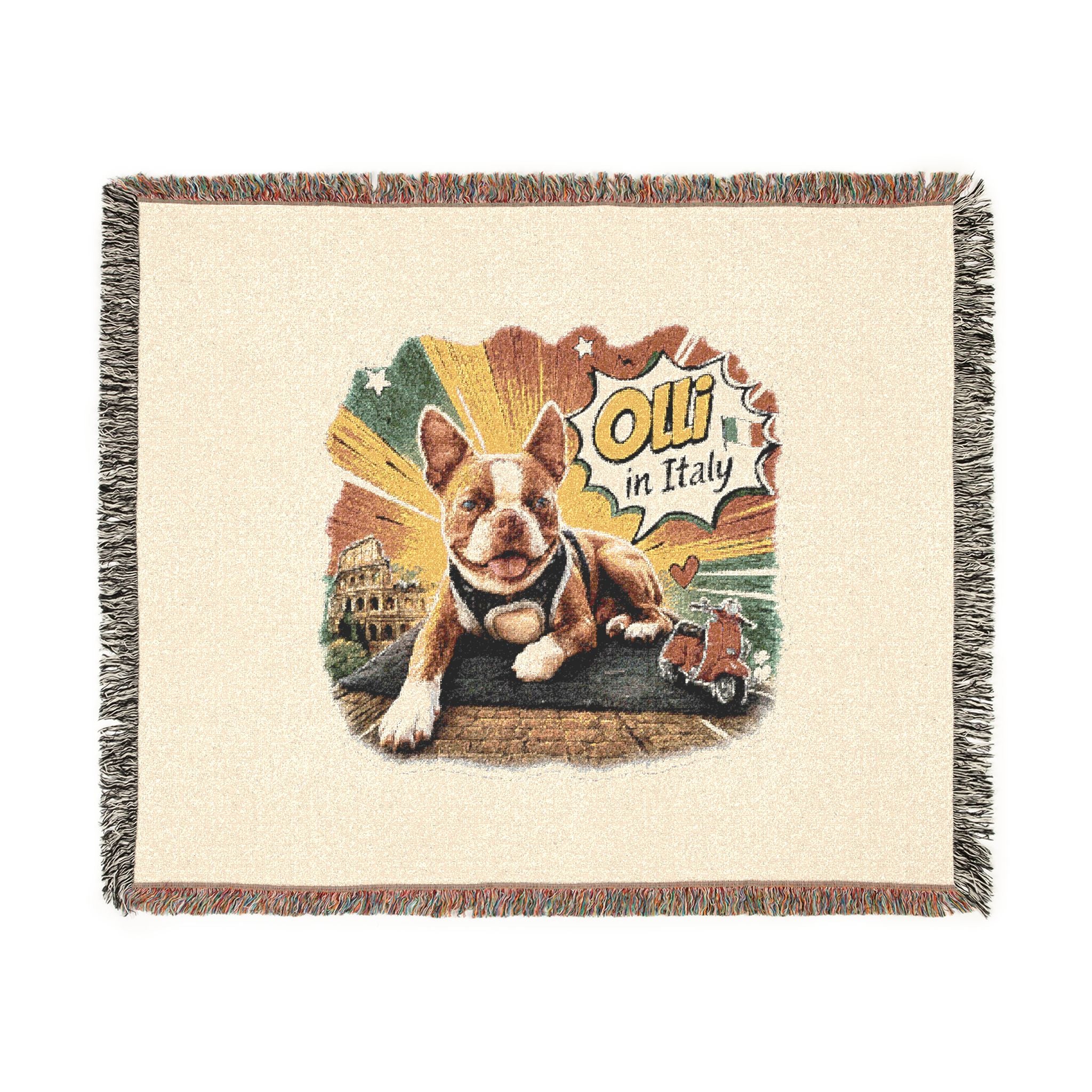 Olli in Italy dog illustration Woven Blanket | travel retro pet throw
