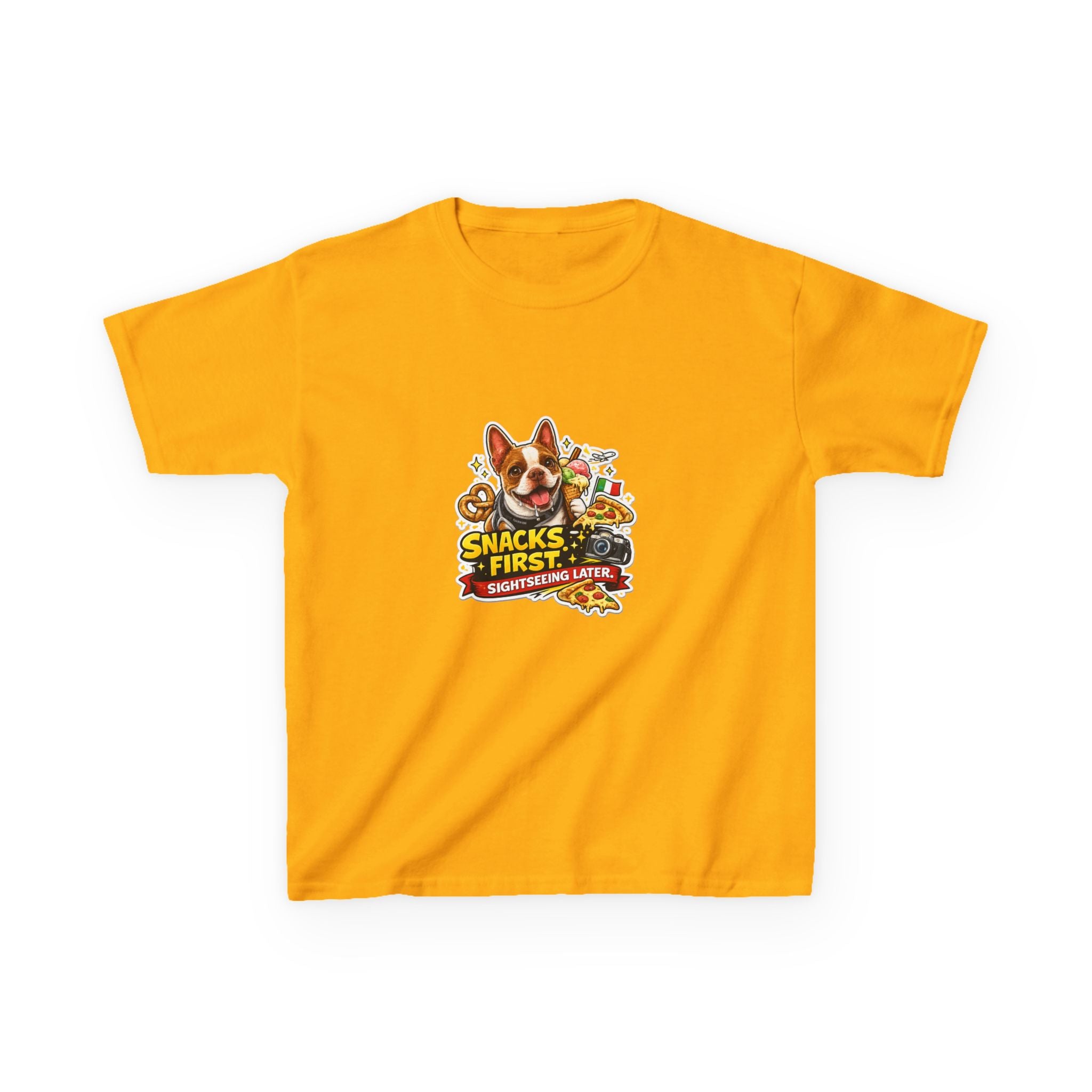Kids T‑Shirt — "Snacks First" Funny Olli the Boston Terrier Graphic Tee for Children